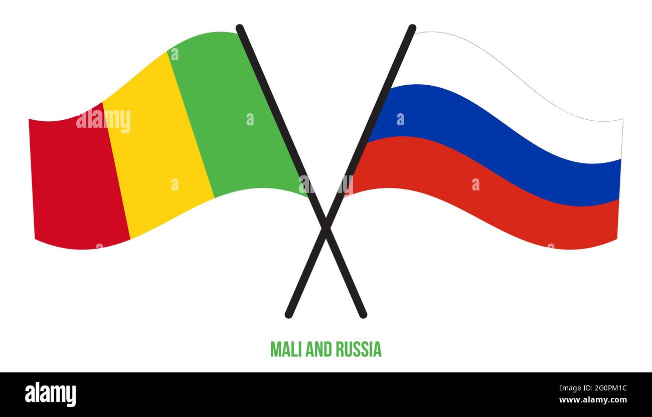 Mali et Russie drapeaux croisés et ondulant le style plat. Proportion officielle. Corriger les couleurs. Illustration de Vecteur