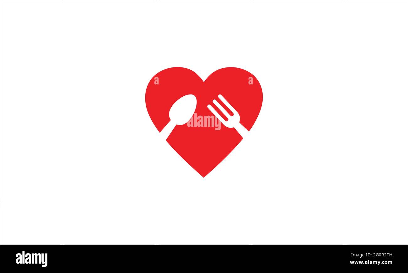 Logo cuillère et fourchette avec motif vectoriel en forme de coeur rouge. Ou aliment avec icône d'amour Illustration de Vecteur