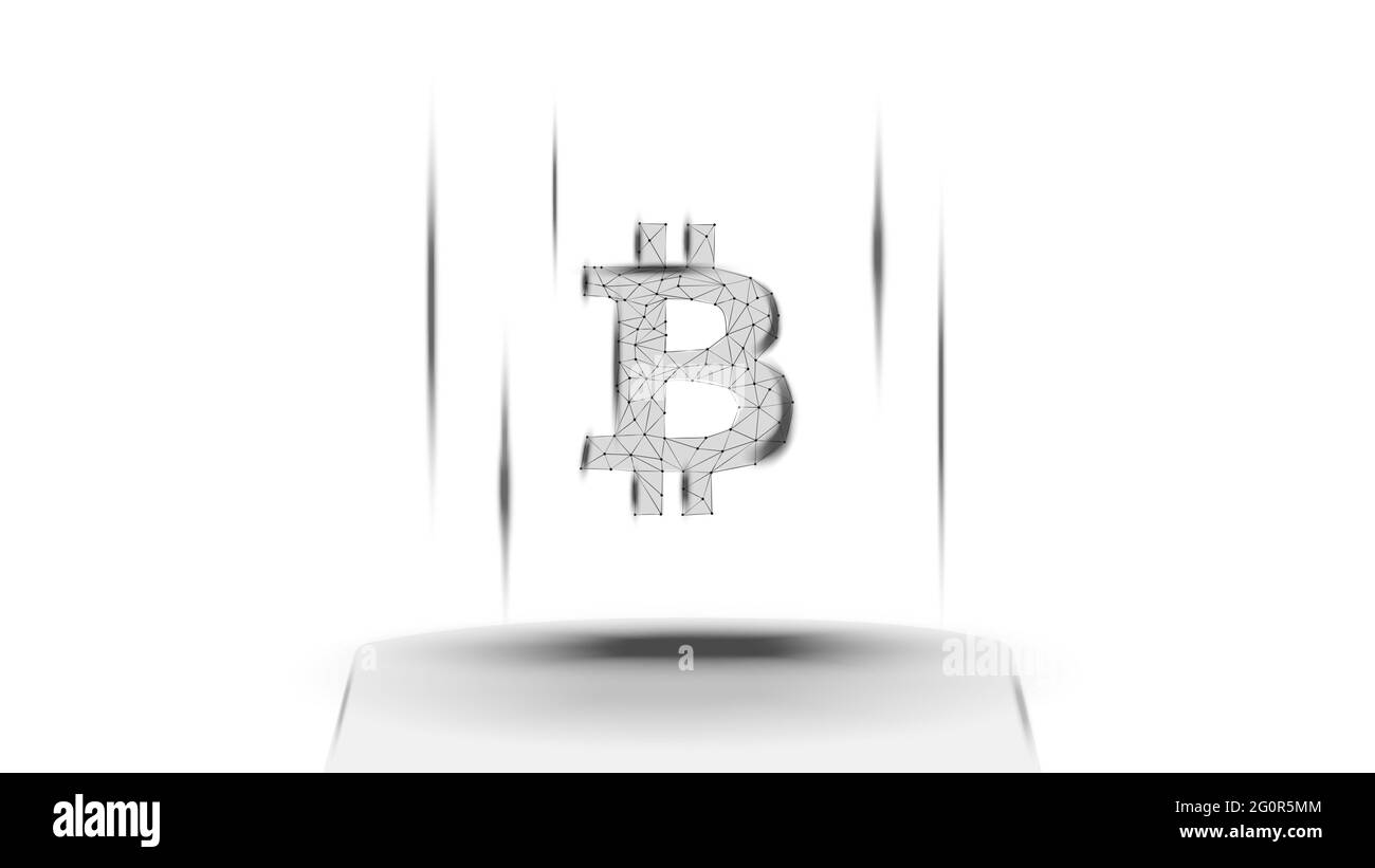 Symbole de jeton BTC Bitcoin au-dessus du piédestal sur fond blanc. Icône du logo crypto-monnaie. Pour le site Web ou la bannière. Banque D'Images