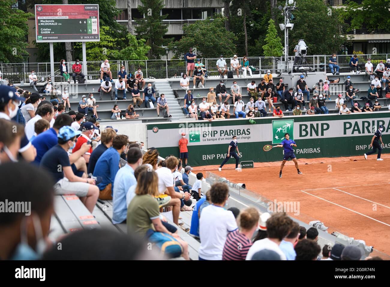 Cristian Garin du Chili sur le court 14 lors du second tour au  Roland-Garros 2021, tournoi de tennis Grand Chelem le 2 juin 2021 au stade  Roland-Garros à Paris, France - photo