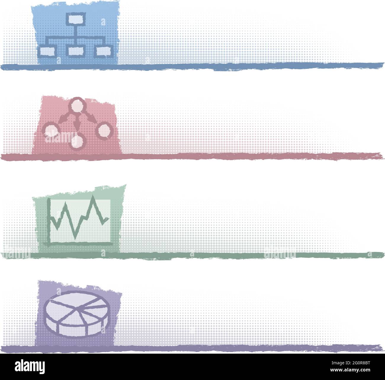 Jeu de quatre bannières avec graphiques à secteurs, graphiques linéaires et organigrammes. Illustration de Vecteur