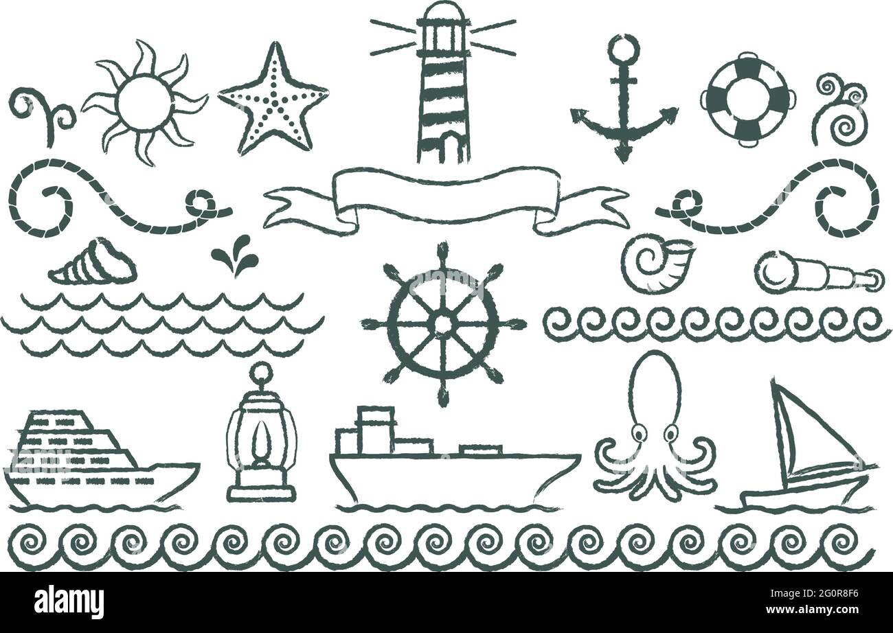 Ensemble de symboles sujets connexes marins dessinés avec des traits de grunge. Illustration de Vecteur