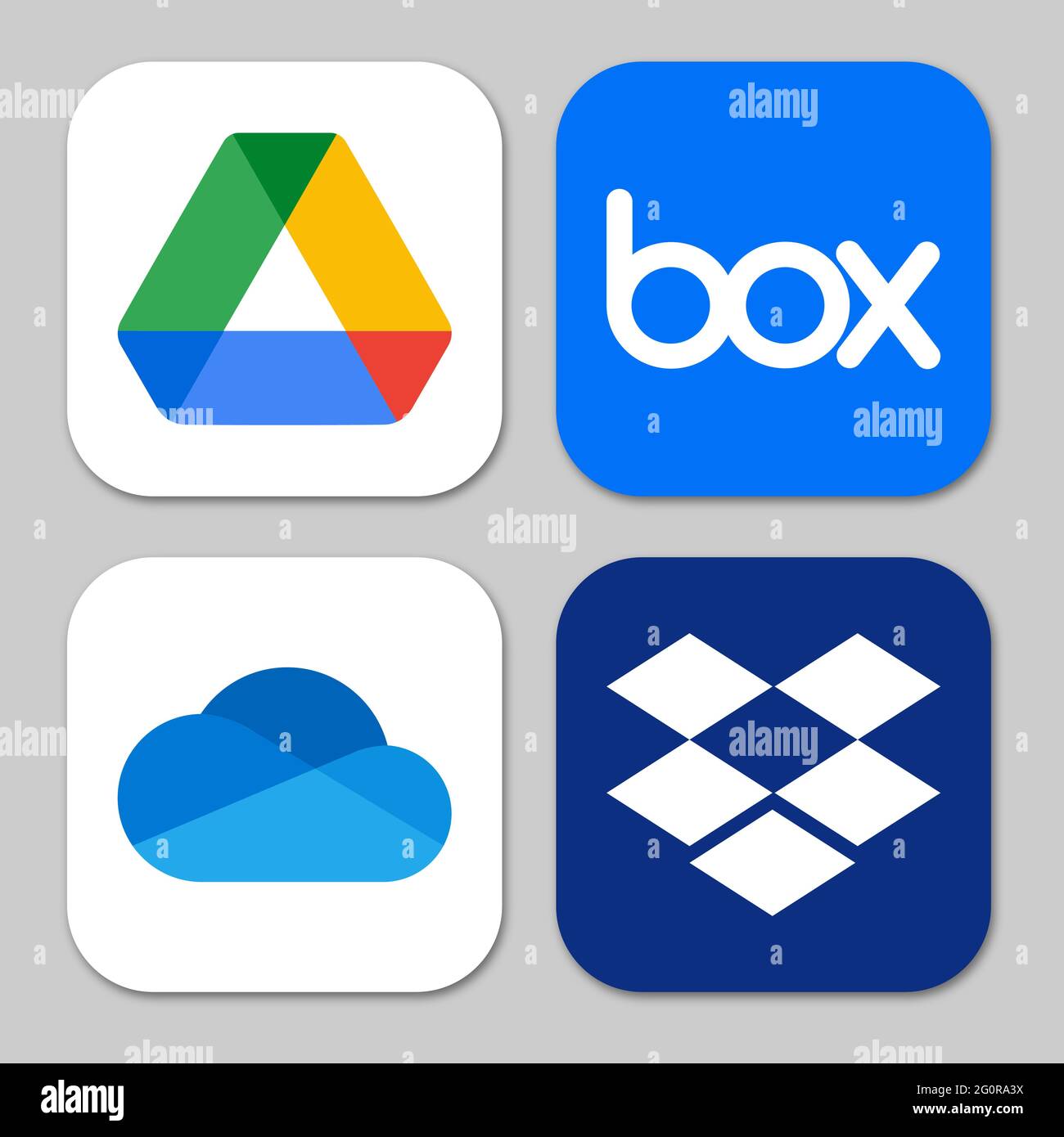 Vinnytsia, Ukraine - 28 mai 2021 : ensemble de services de stockage dans le cloud. Google Drive, OneDrive, Dropbox, logo Box. Vecteur éditorial isolé sur fond blanc Illustration de Vecteur