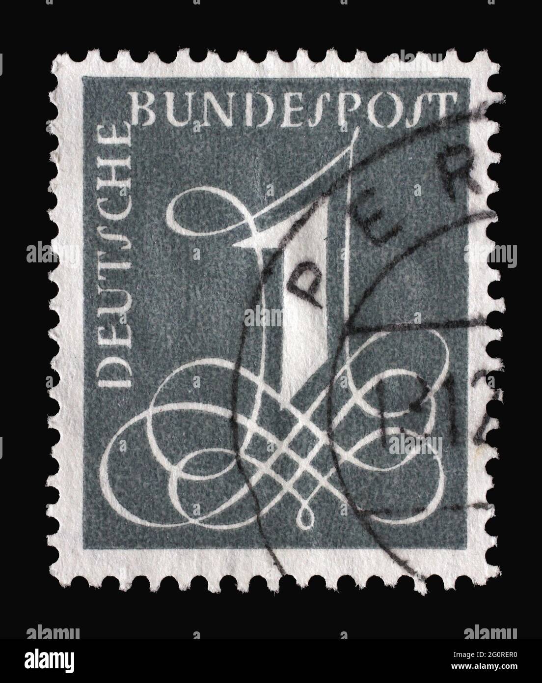 Le timbre imprimé en Allemagne indique le numéro 1 dans une police de caractères d'ornement, vers 1958 Banque D'Images