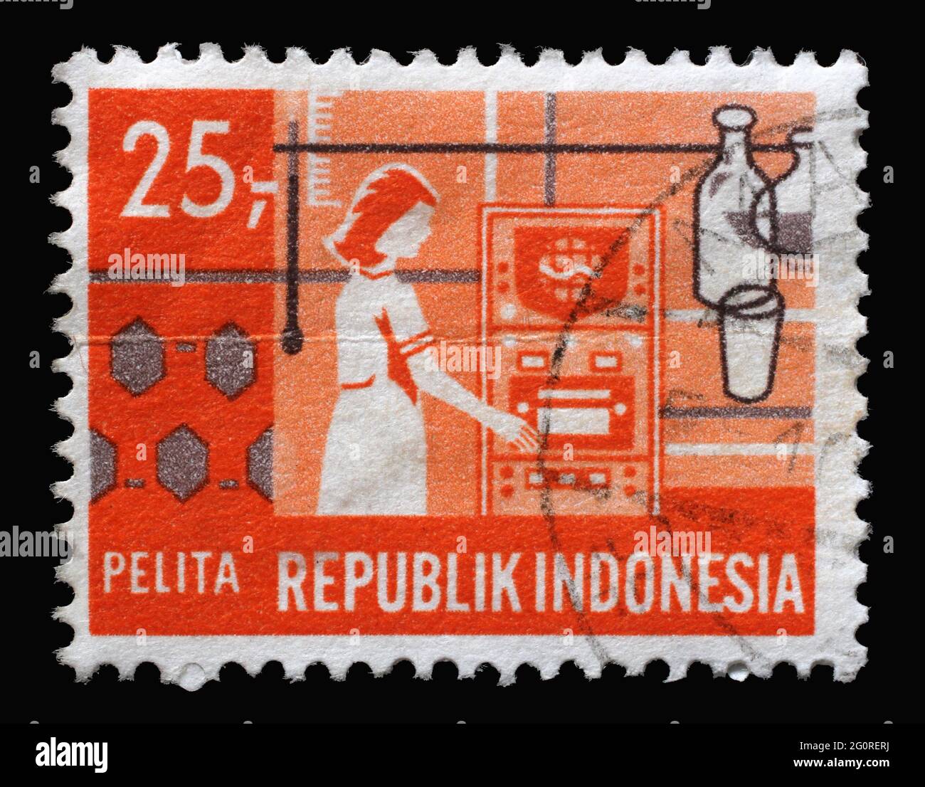 Timbre imprimé en Indonésie montre chercheur ('recherche scientifique'), série de plans de développement quinquennal, vers 1969 Banque D'Images