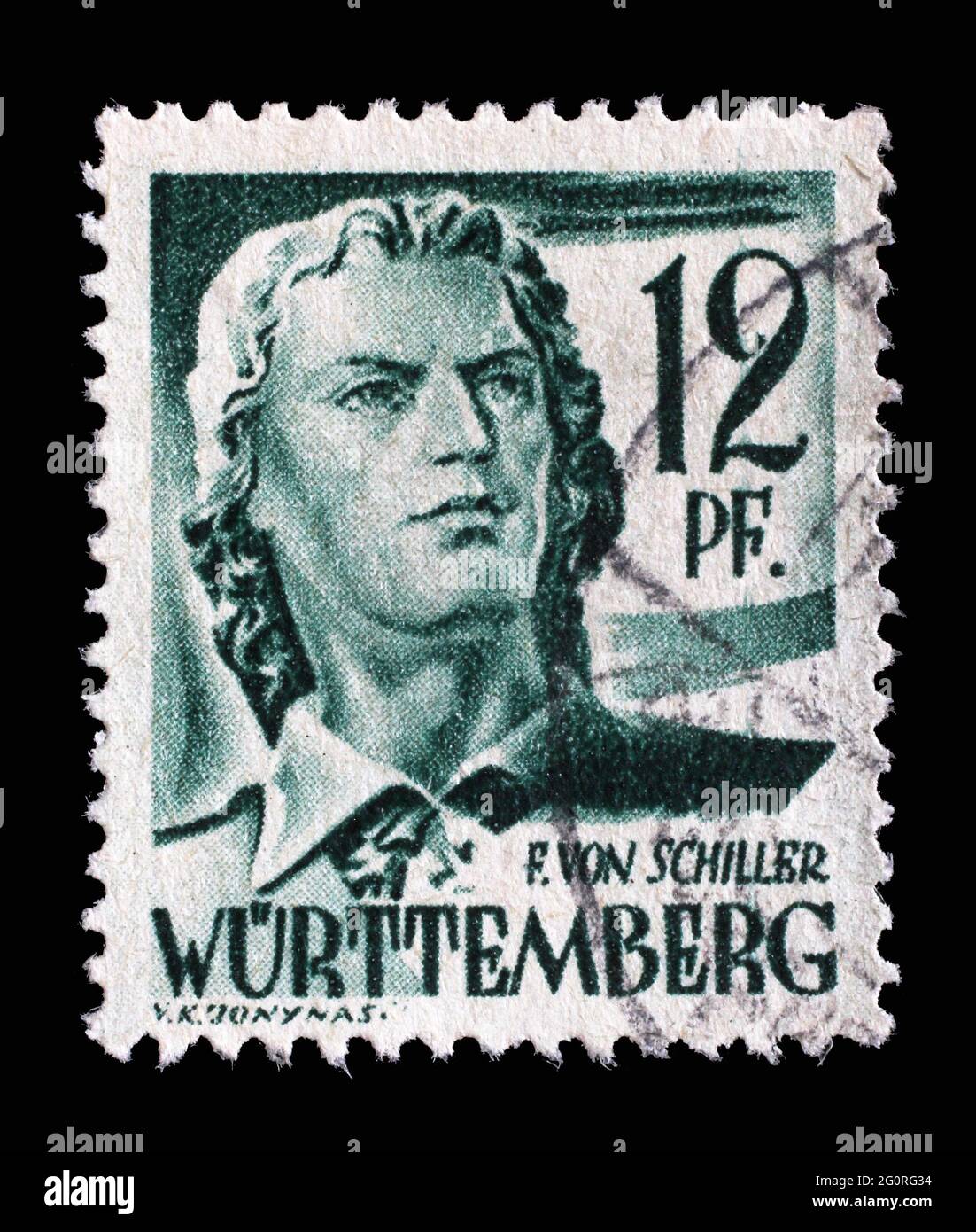 Timbre imprimé en Allemagne, l'occupation française du Wurtemberg montre Friedrich von Schiller, poète et écrivain, vers 1947 Banque D'Images