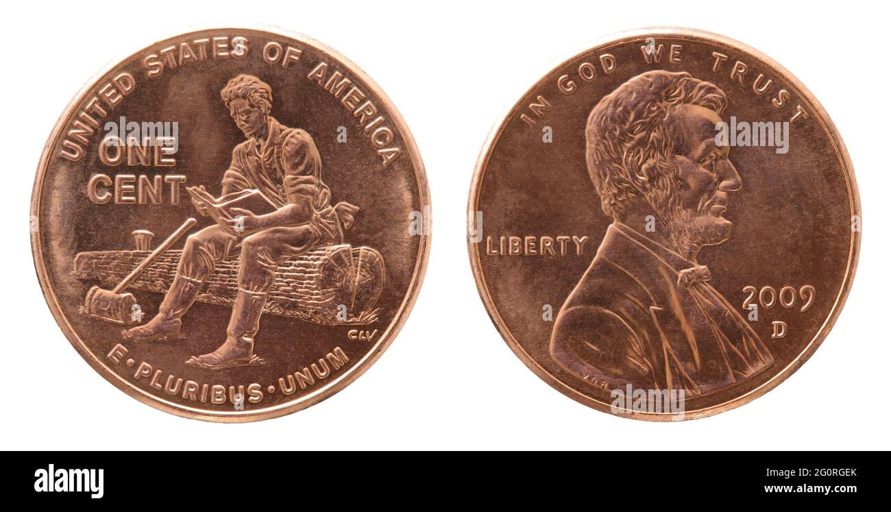 Inverse et inverse de 2009 une pièce de cuivre US cent isolée sur fond blanc Banque D'Images