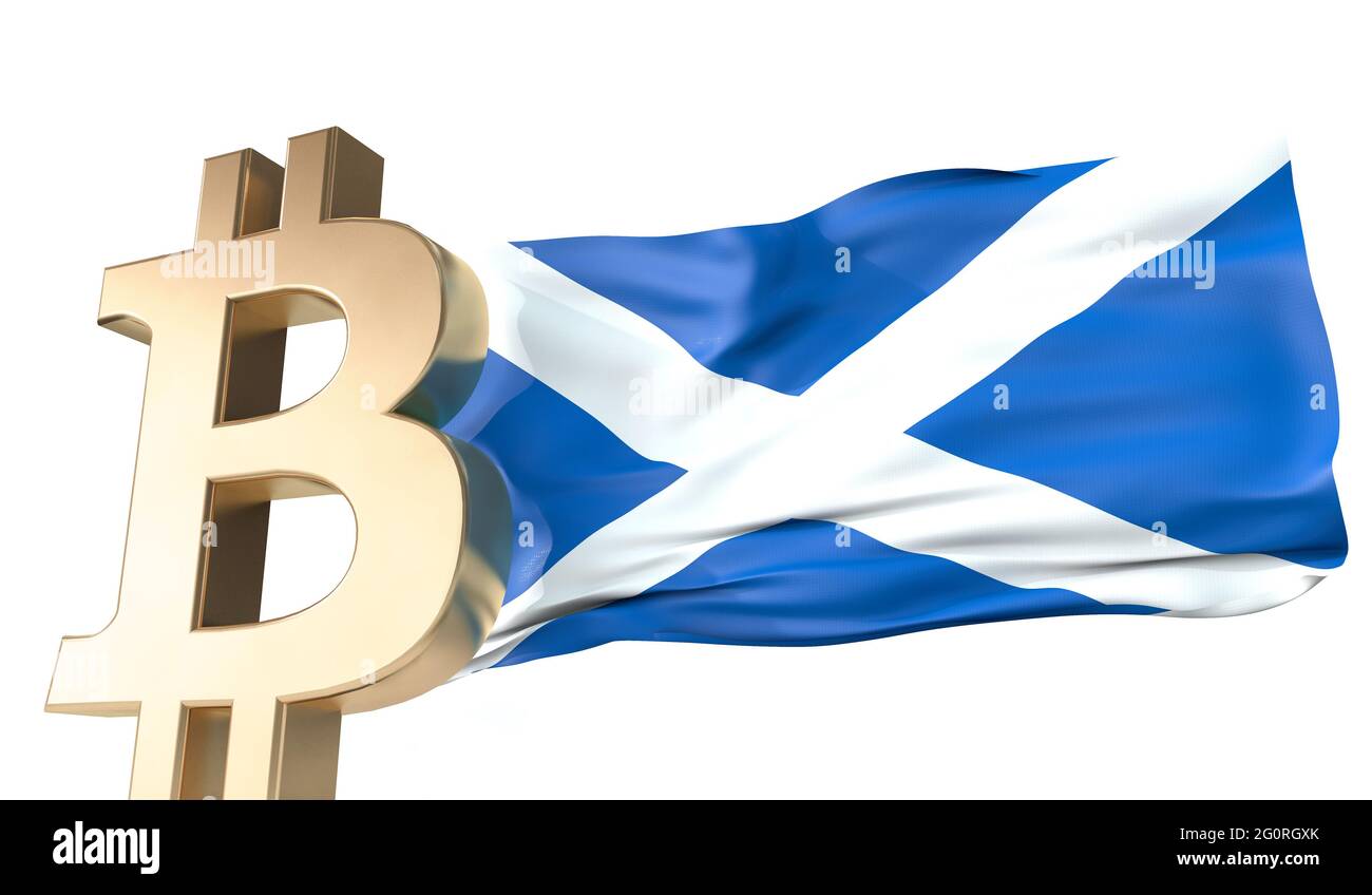Crypto-monnaie en bitcoin d'or avec un drapeau écossais agité. Rendu 3D Banque D'Images