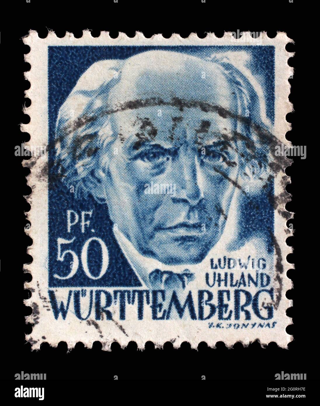 Timbre imprimé en Allemagne, l'occupation française du Wurtemberg montre Ludwig Uhland, poète, philologue et historien littéraire, vers 1948 Banque D'Images