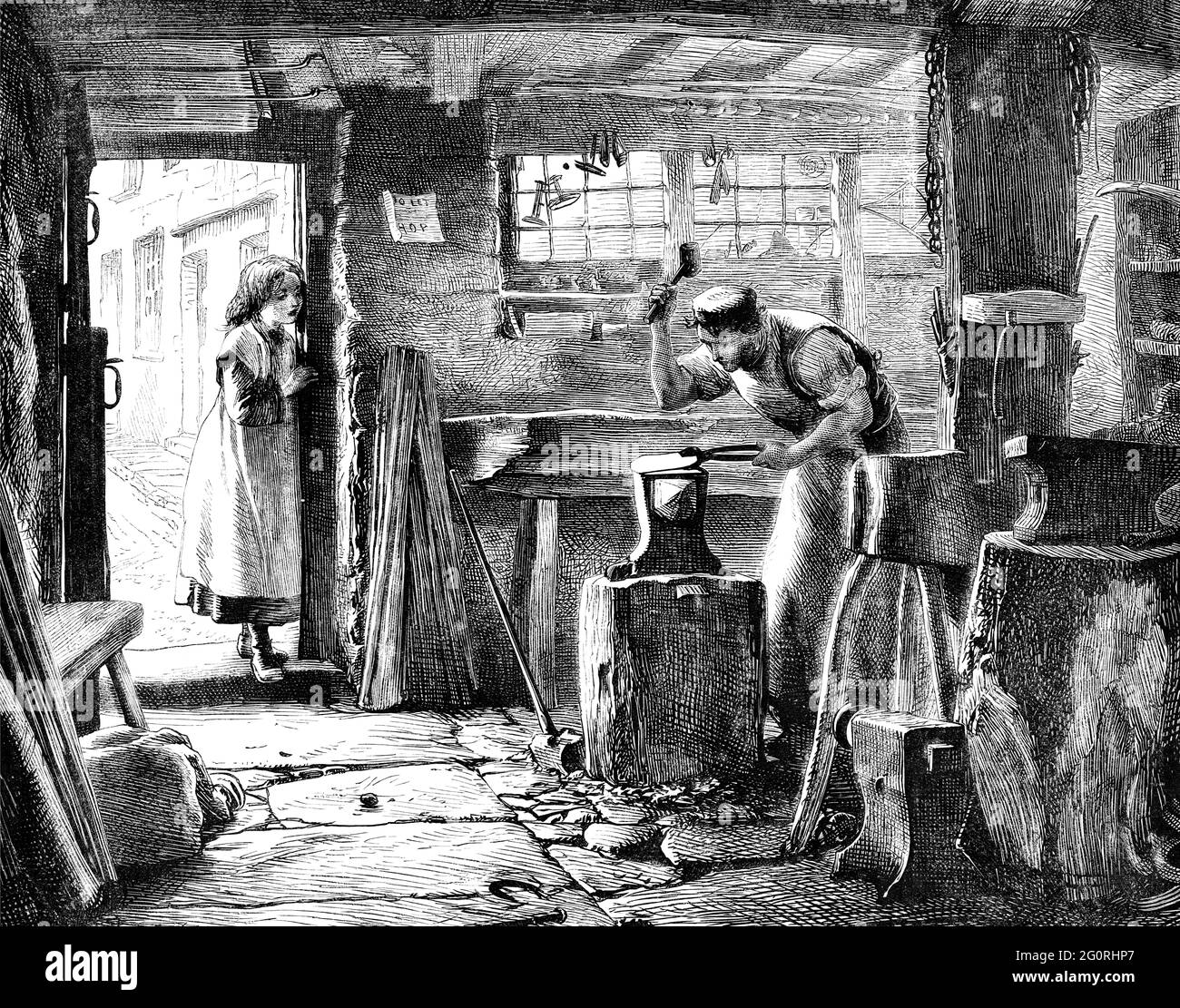 Gravure d'un forgeron dans son atelier, vu par sa fille d'un journal victorien daté de 1867 qui n'est plus en droit d'auteur Banque D'Images