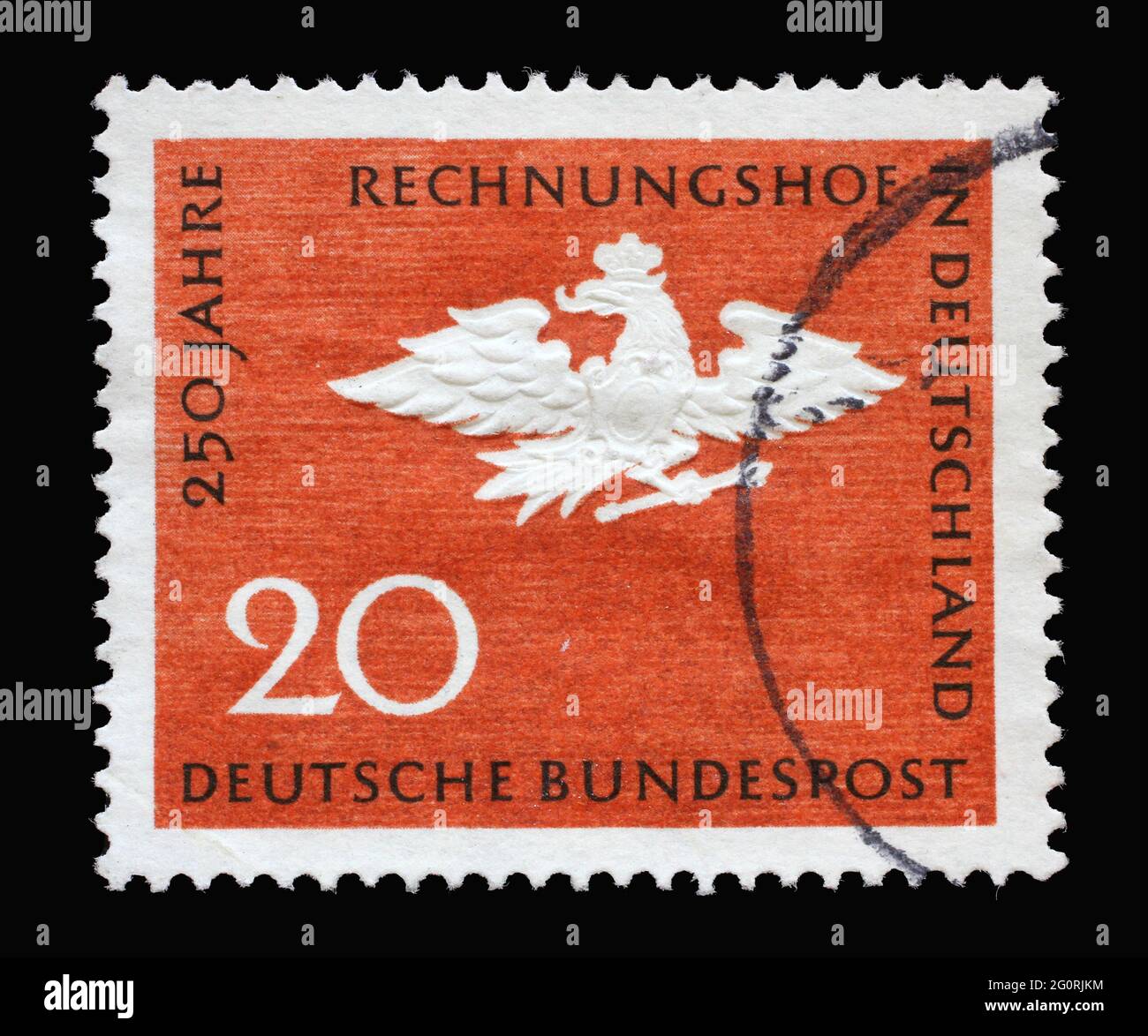 Timbre imprimé en Allemagne en l'honneur du 250e anniversaire de la Cour des comptes allemande, montre l'aigle prussien, vers 1964 Banque D'Images