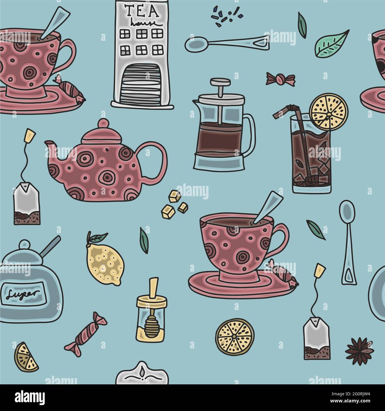 Motif sans couture composé de café et de thé dessinés à la main. Un ensemble de dessins vectoriels isolés pour boire du thé et faire toutes sortes de café. Un ensemble de Illustration de Vecteur