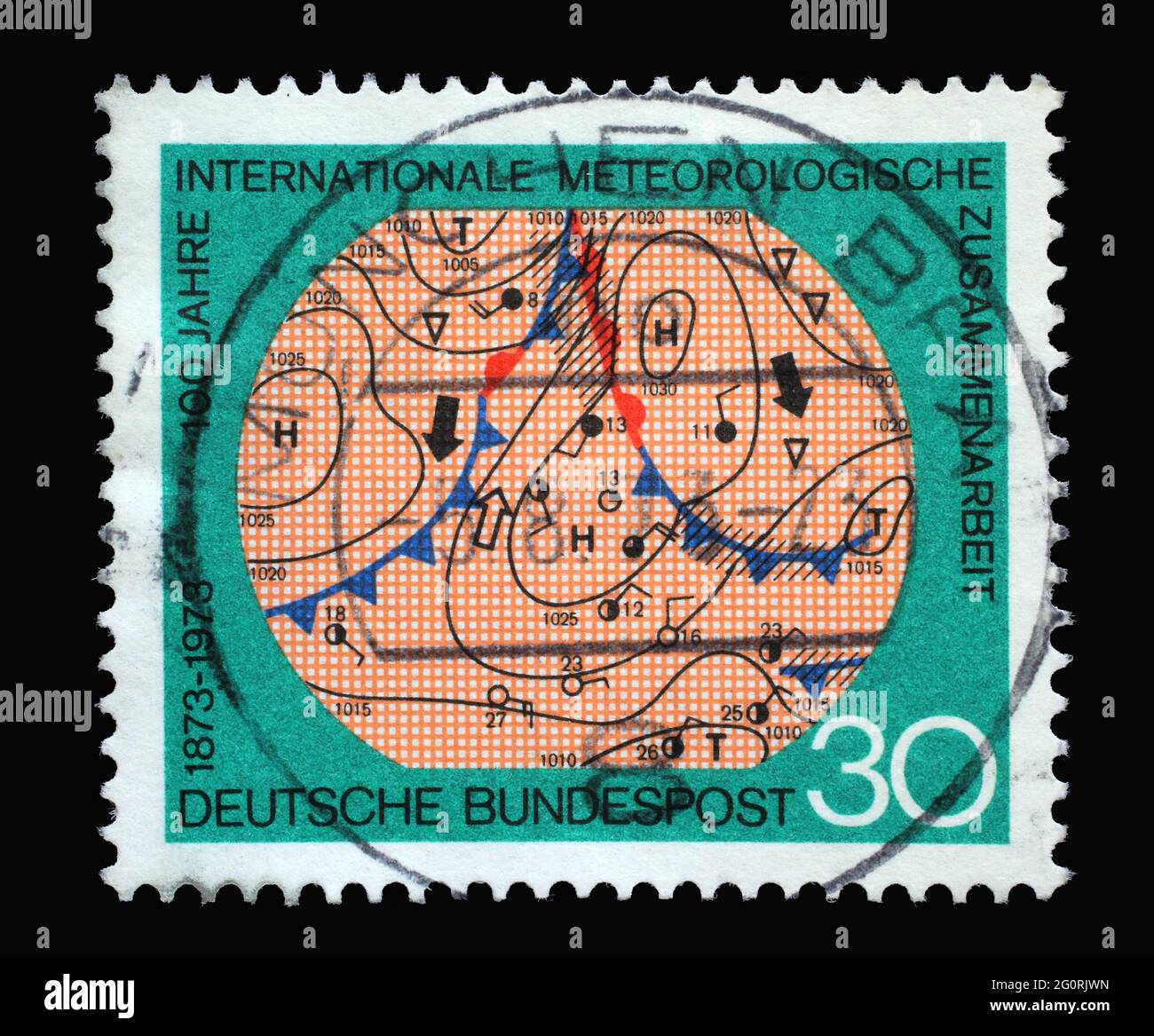 Un timbre imprimé en Allemagne montre la carte météorologique, centenaire de la coopération météorologique internationale, vers 1973 Banque D'Images