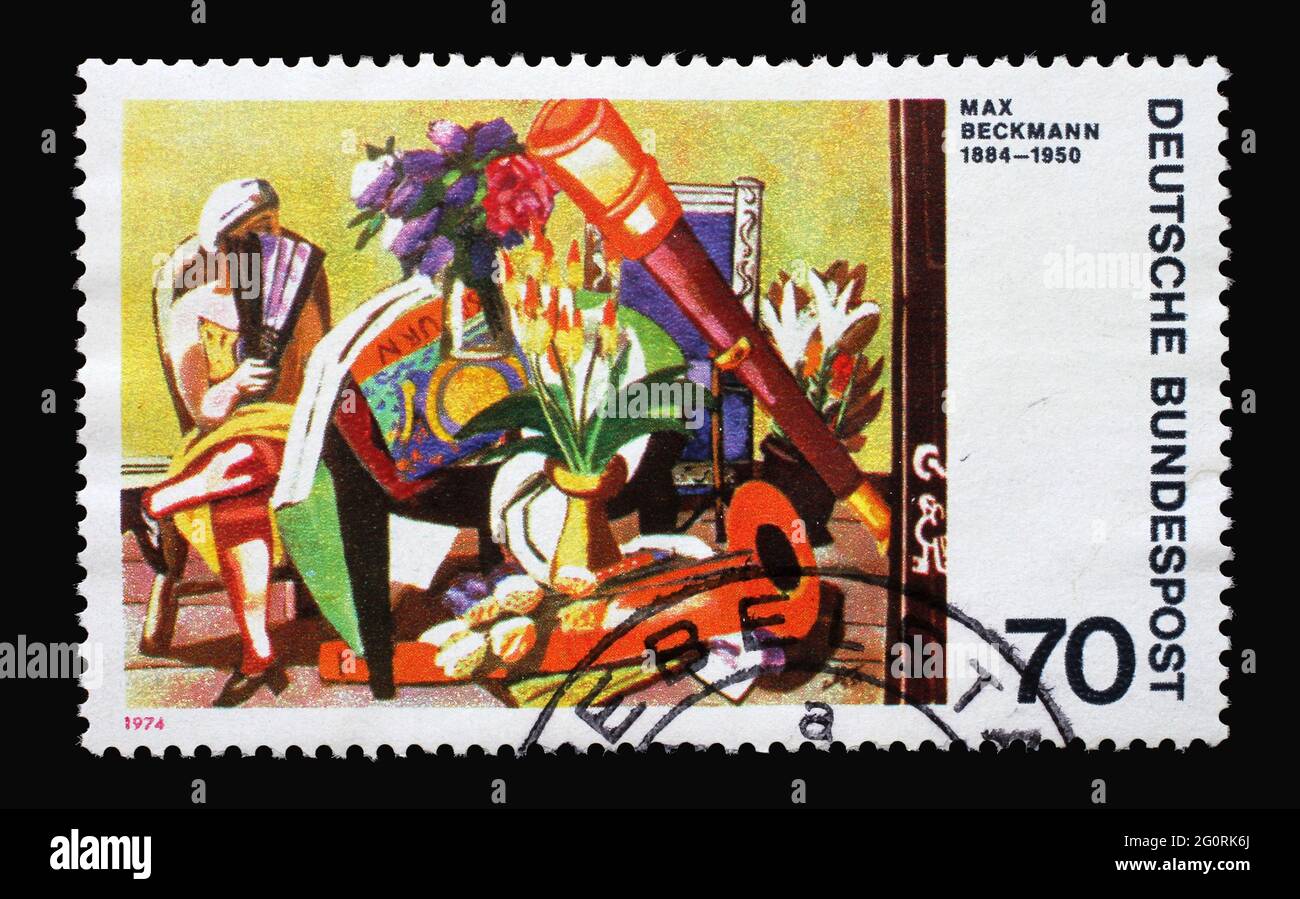 Un timbre imprimé en Allemagne montre des peintres expressionnistes allemands: STILL Life with Telescope de Max Beckmann, vers 1974 Banque D'Images