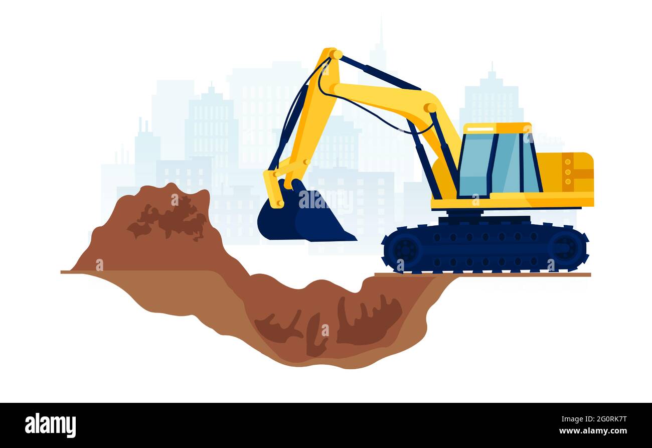 Vecteur d'un chantier de construction avec pelle hydraulique jaune se déplaçant avec une pelle hydraulique en relief creusant le sol Illustration de Vecteur