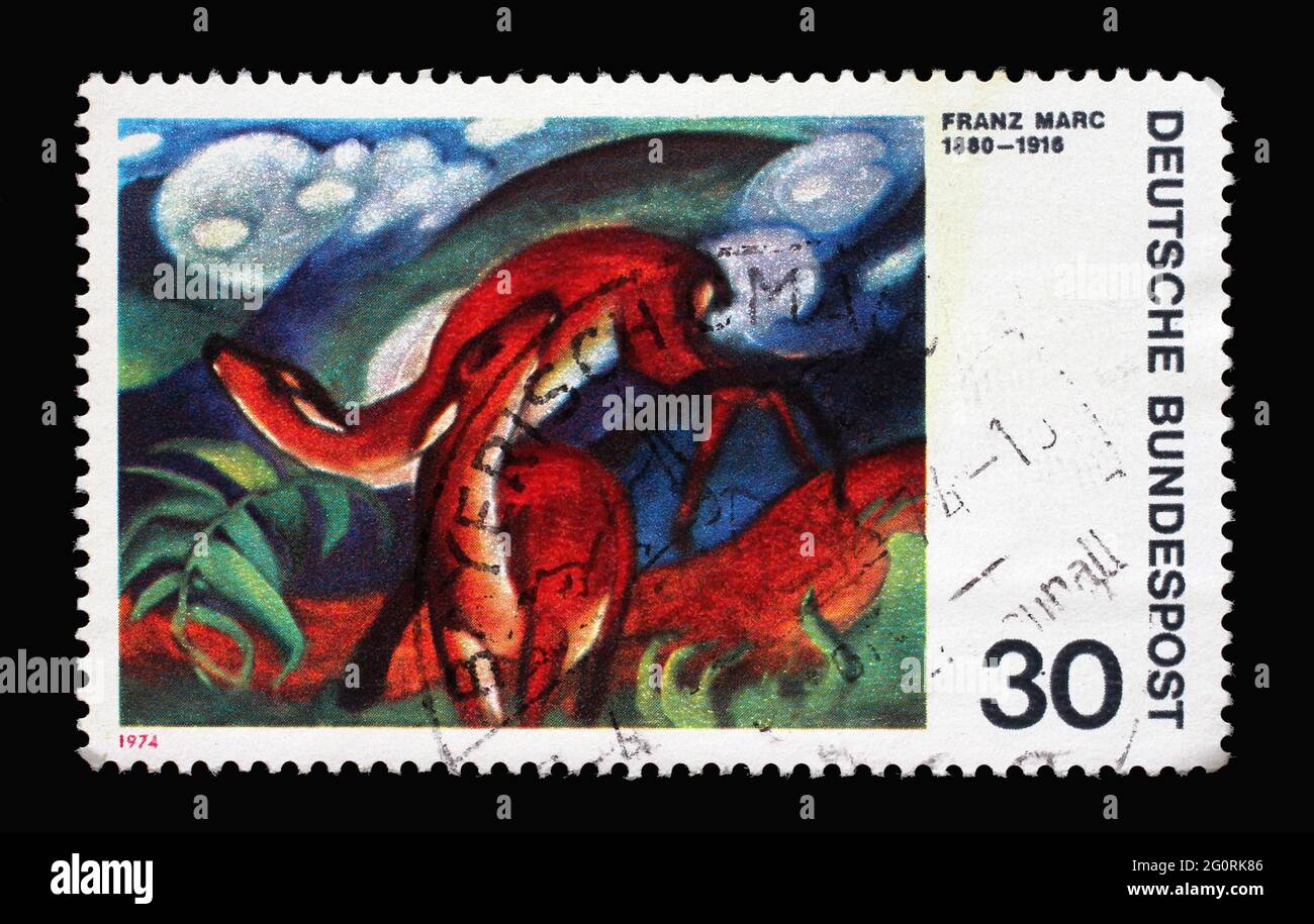 Un timbre imprimé en Allemagne montre des peintres expressionnistes allemands : le cerf en rouge, par Franz Marc, vers 1974 Banque D'Images