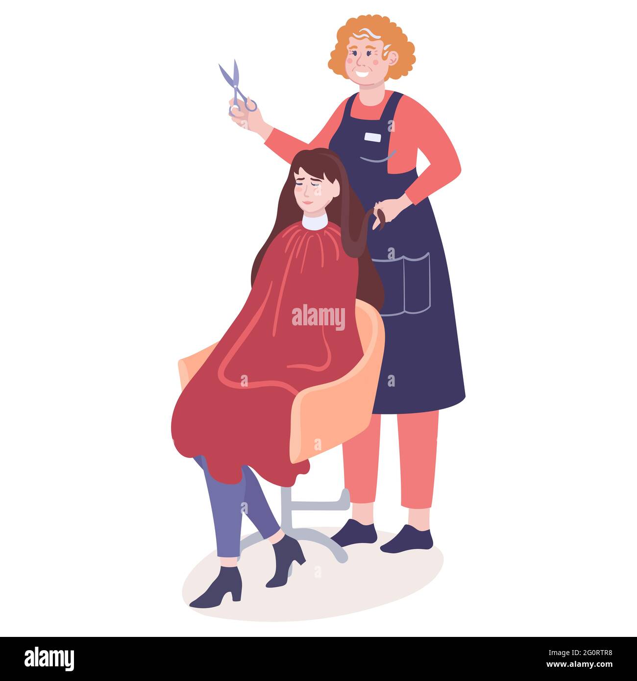 Coiffeur au travail - vecteur isolé dessiné à la main. La femme de coiffure coupe la jeune fille. Le client de peignoir est en train de profiter et de s'asseoir dans un fauteuil Illustration de Vecteur