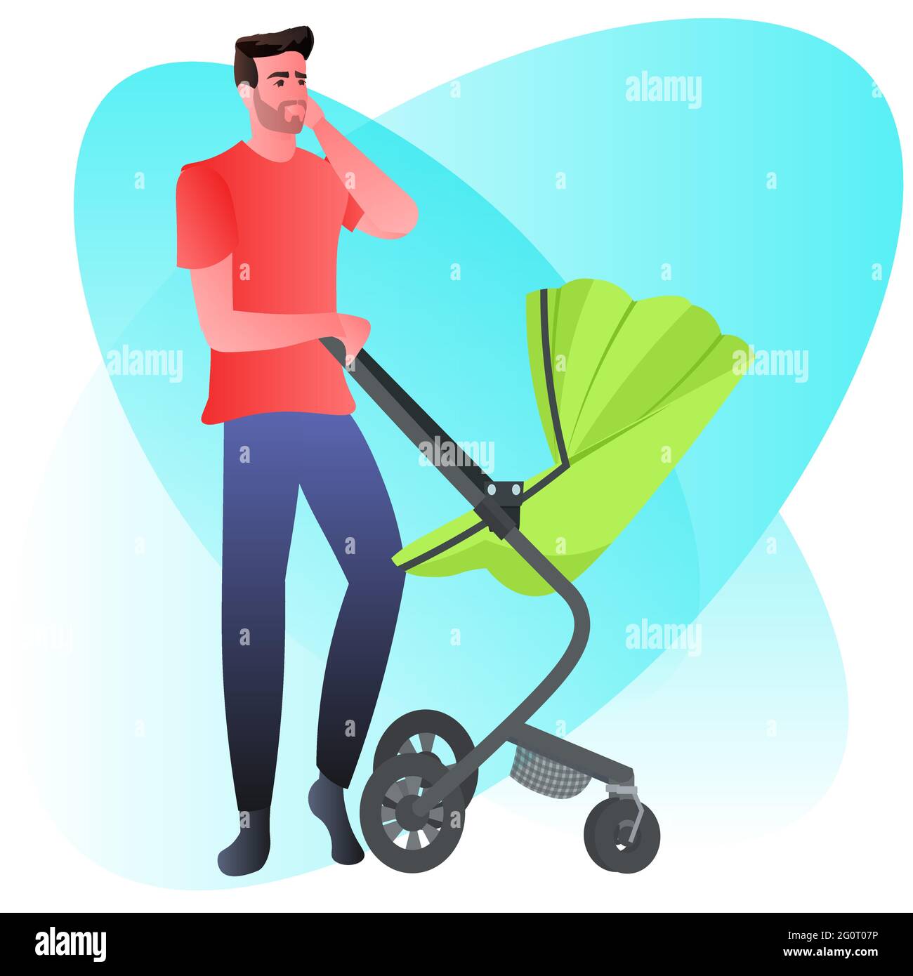 jeune père marchant avec bébé nouveau-né dans la paternité poussette parent concept Illustration de Vecteur
