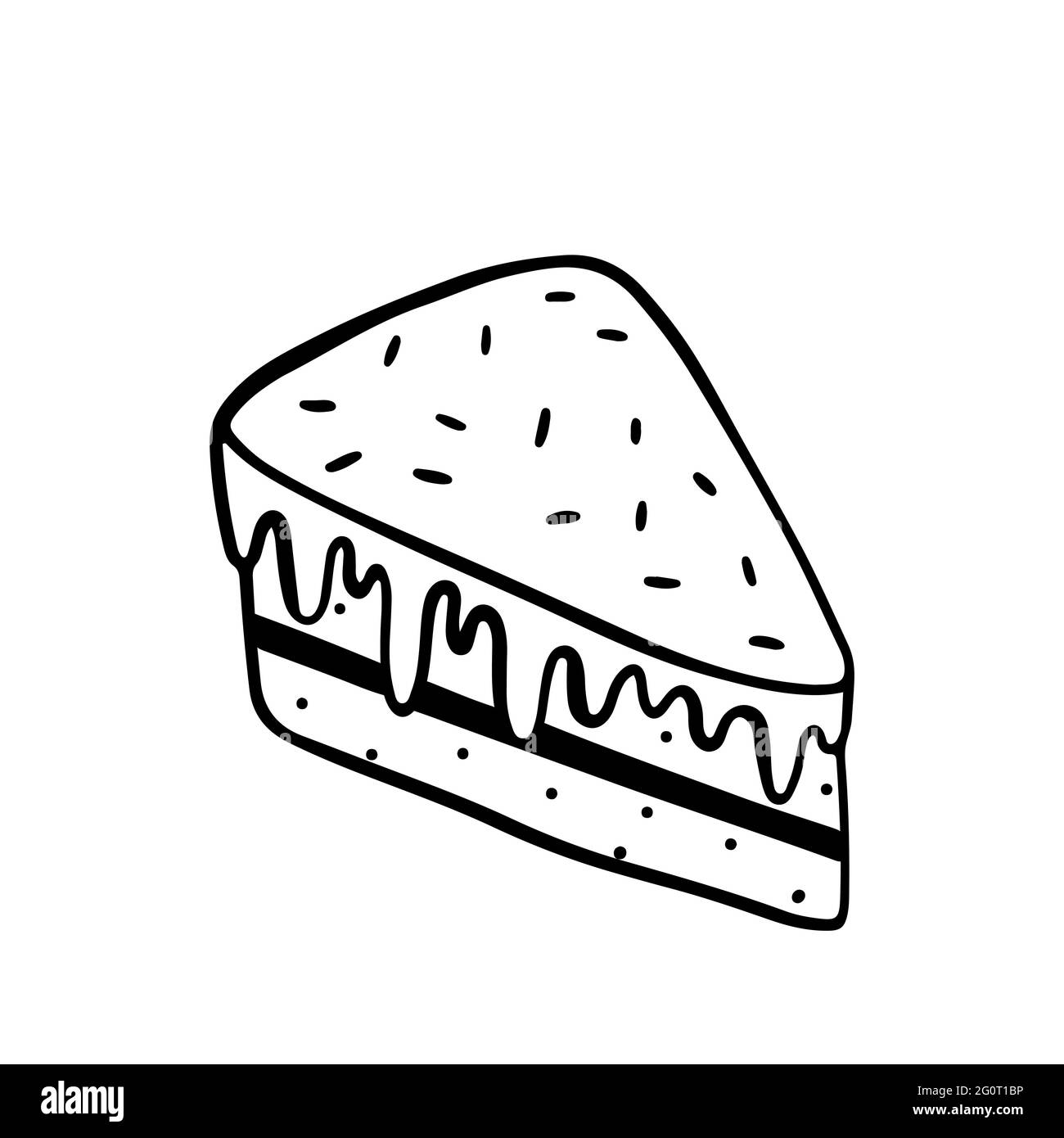 Tranche de gâteau avec glaçage et saupoudrer isolée sur fond blanc. Illustration vectorielle dessinée à la main, style doodle. Parfait pour les cartes, le logo, les invitations, les décorations, le menu, motifs d'anniversaire. Illustration de Vecteur