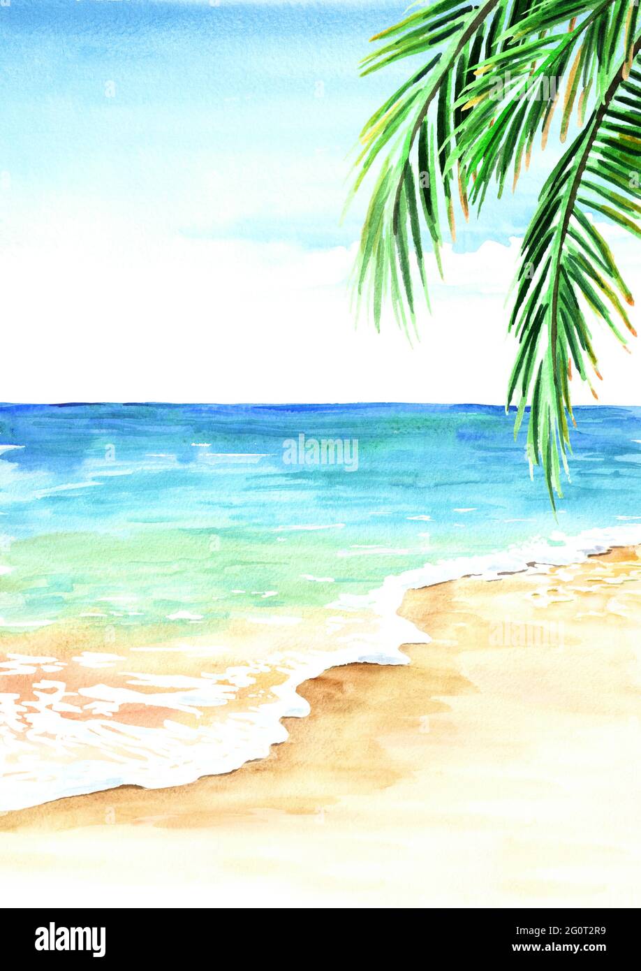 Plage tropicale d'été avec sable doré, vagues et feuilles de palmier. Illustration aquarelle dessinée à la main Banque D'Images