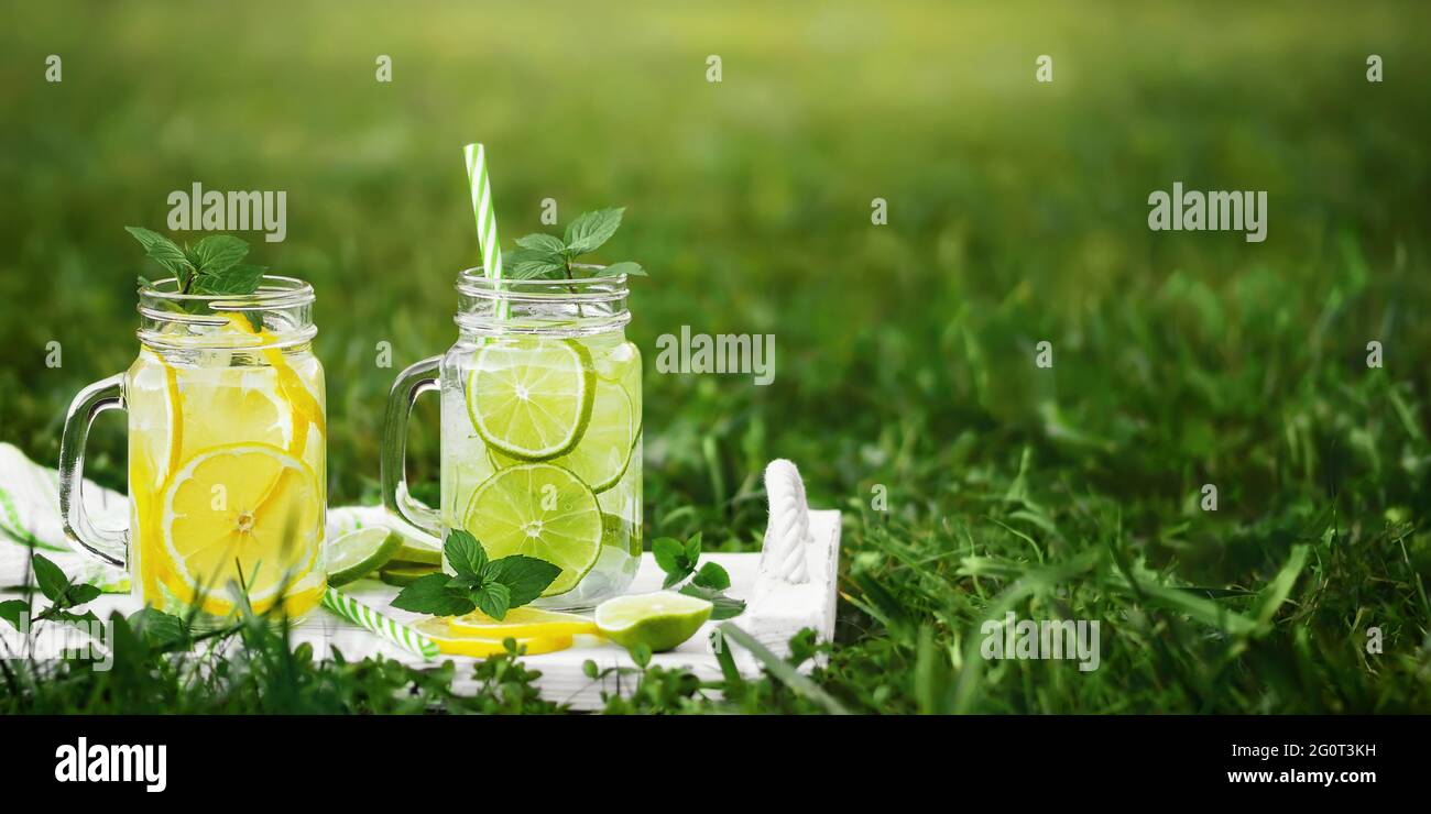 Limonade maison fraîche avec menthe, citron et lime dans des pots de maçon sur une pelouse d'été, copyspace. Banque D'Images