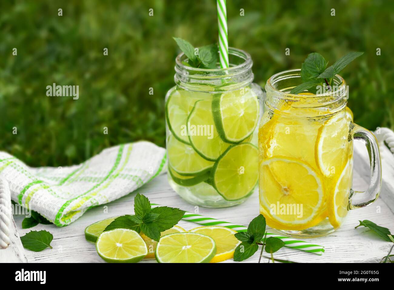 Limonade maison fraîche avec menthe, citron et lime dans des pots de maçon sur une pelouse d'été, copyspace. Banque D'Images