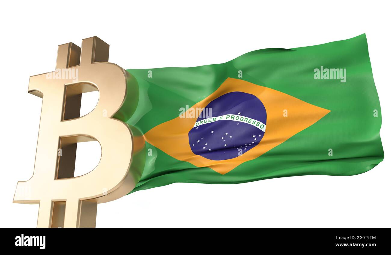 Crypto-monnaie en bitcoin d'or avec un drapeau brésilien agité. Rendu 3D Banque D'Images