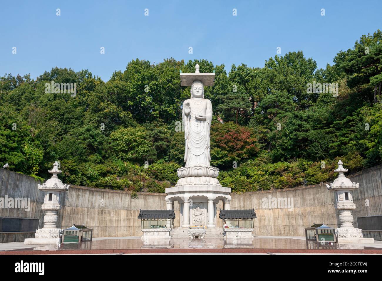 Statue de Bouddha sur fond d'arbres verts dans le temple de Bongeunsa dans le district de Gangnam à Séoul, Corée du Sud. C'est une attraction touristique populaire de l'Asie. Banque D'Images