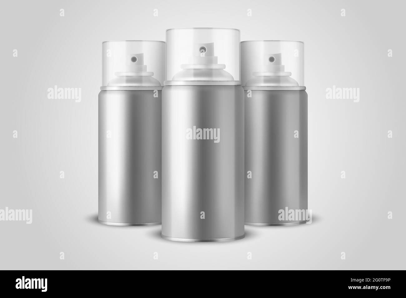 Trois Vector 3d Realistic Silver aluminium Blank Spray, flacon, couvercle transparent isolé. Petite, moyenne, Grande taille. Modèle de conception, pulvérisateur Illustration de Vecteur
