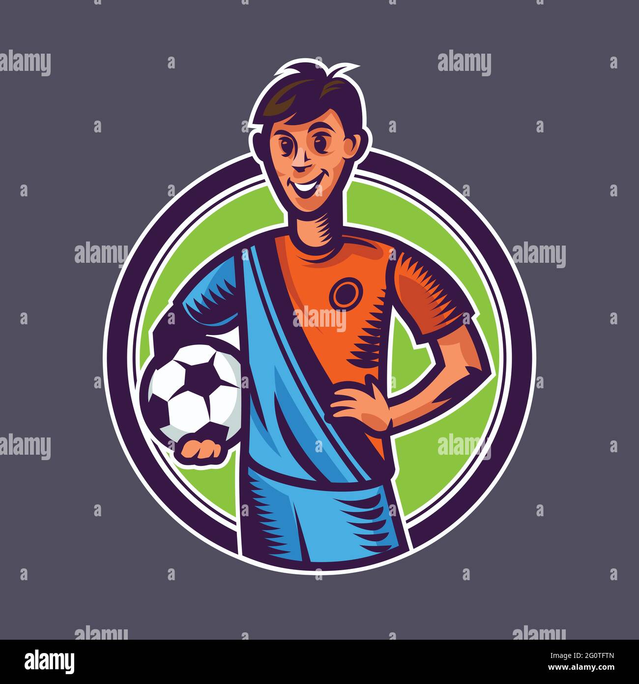 Joueur de football tenant le ballon. Concept art du football dans le style de dessin animé. Illustration de Vecteur