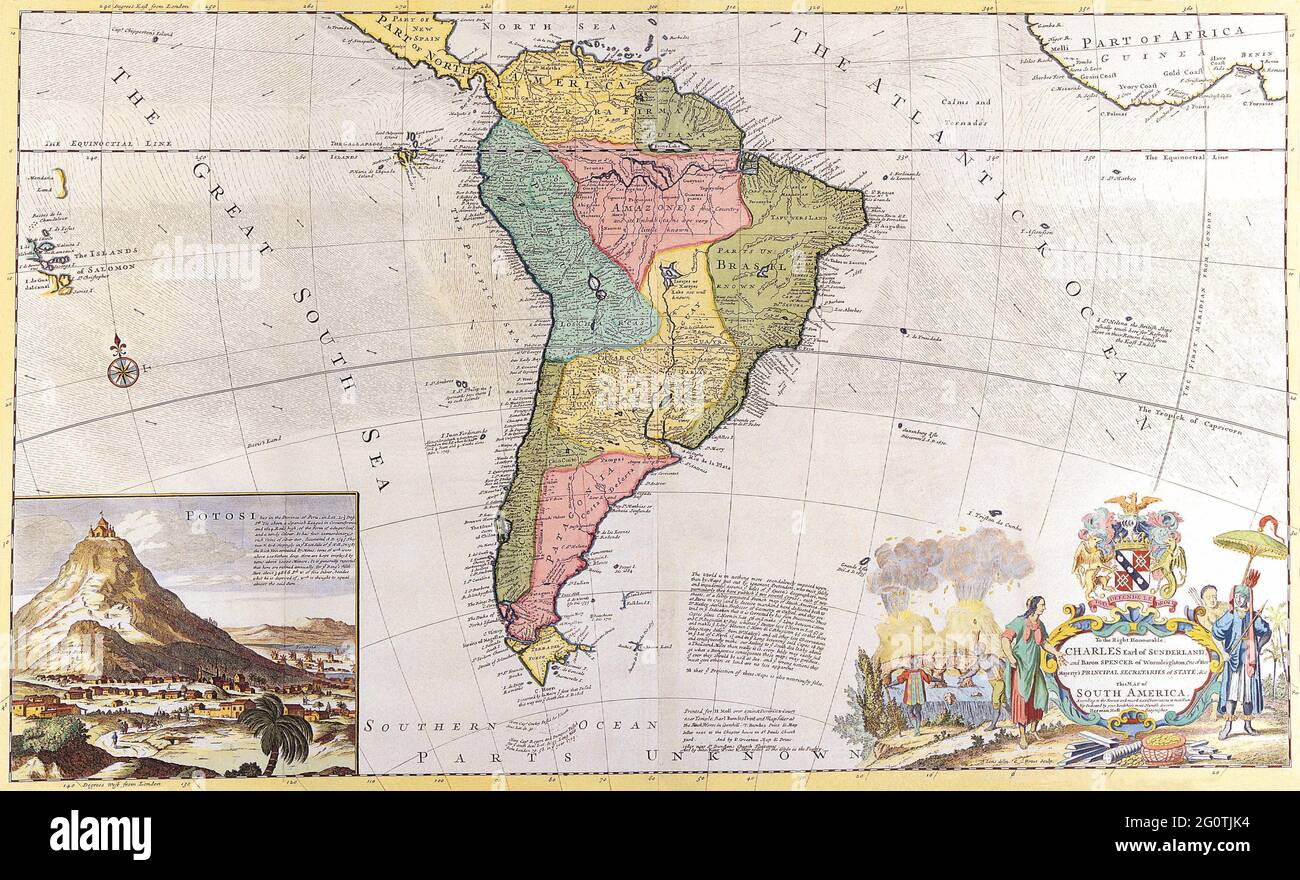 Carte d'Amérique du Sud, carte d'Amérique du Sud, carte d'Amérique du Sud, carte d'Amérique latine, cartes anciennes de la carte du monde de l'Amérique du Sud Mermann Moll, 1715 Banque D'Images