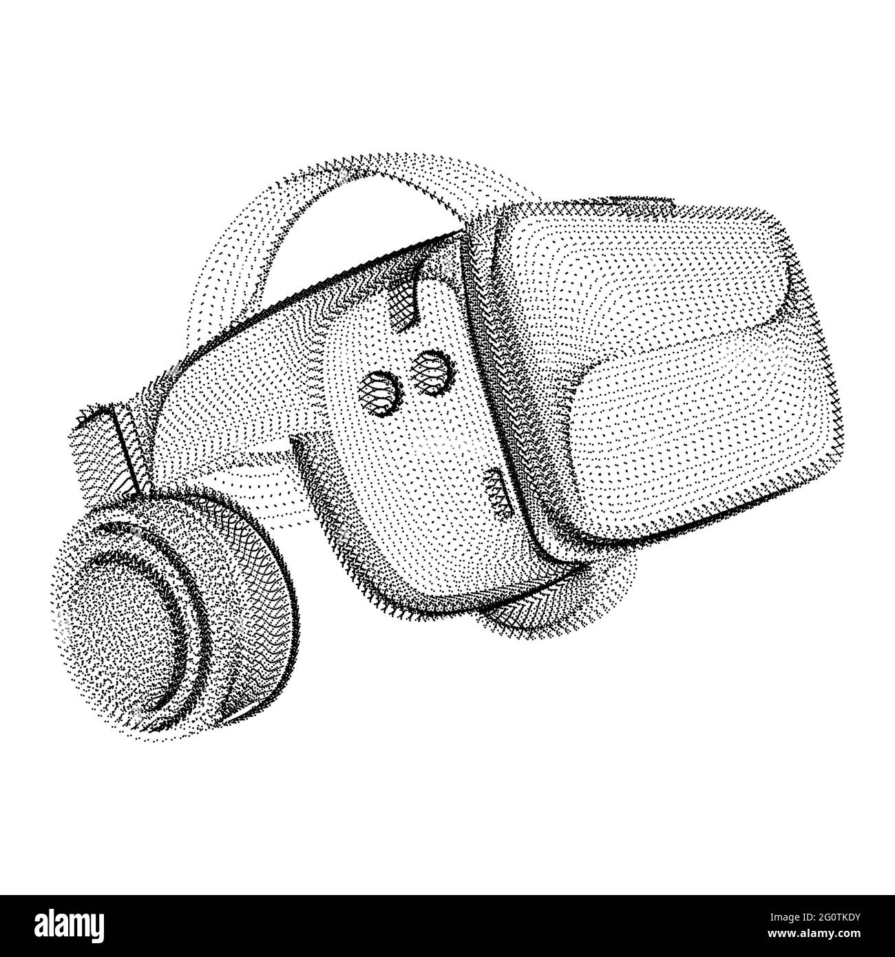 Silhouette de casque composée de points noirs et de particules. Image filaire 3D vectorielle d'un casque de réalité virtuelle avec une texture de grain. Périphérique de jeu vidéo ico Illustration de Vecteur