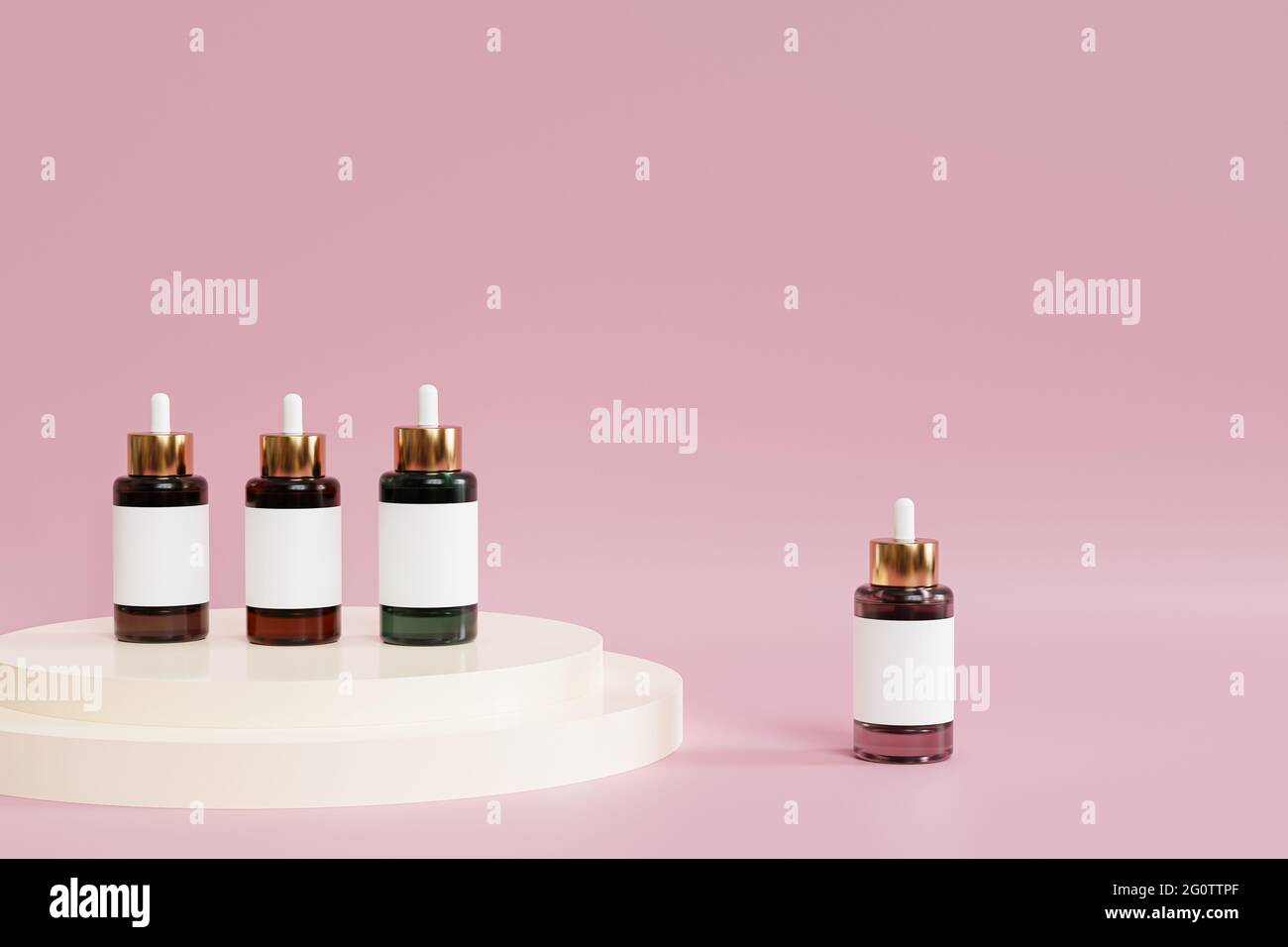 Flacons compte-gouttes Mockup avec étiquette pour produits cosmétiques ou publicité sur fond rose, rendu d'illustration 3d Banque D'Images