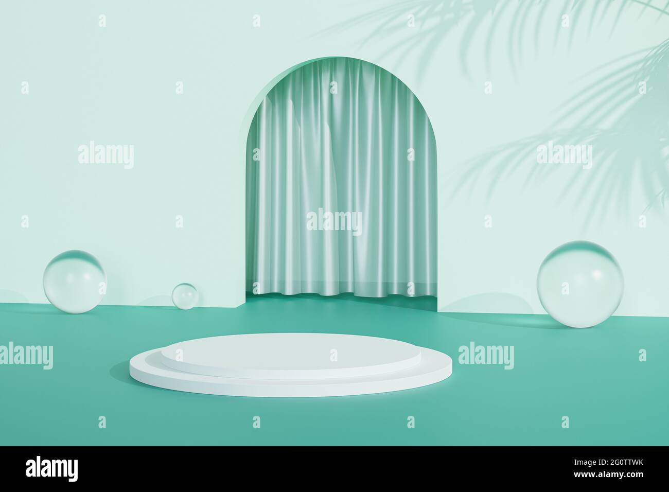 Podium ou piédestal pour les produits ou la publicité près de l'entrée vide de menthe verte avec des rideaux et des ombres à feuilles tropicales. Rendu 3D minimal. Banque D'Images