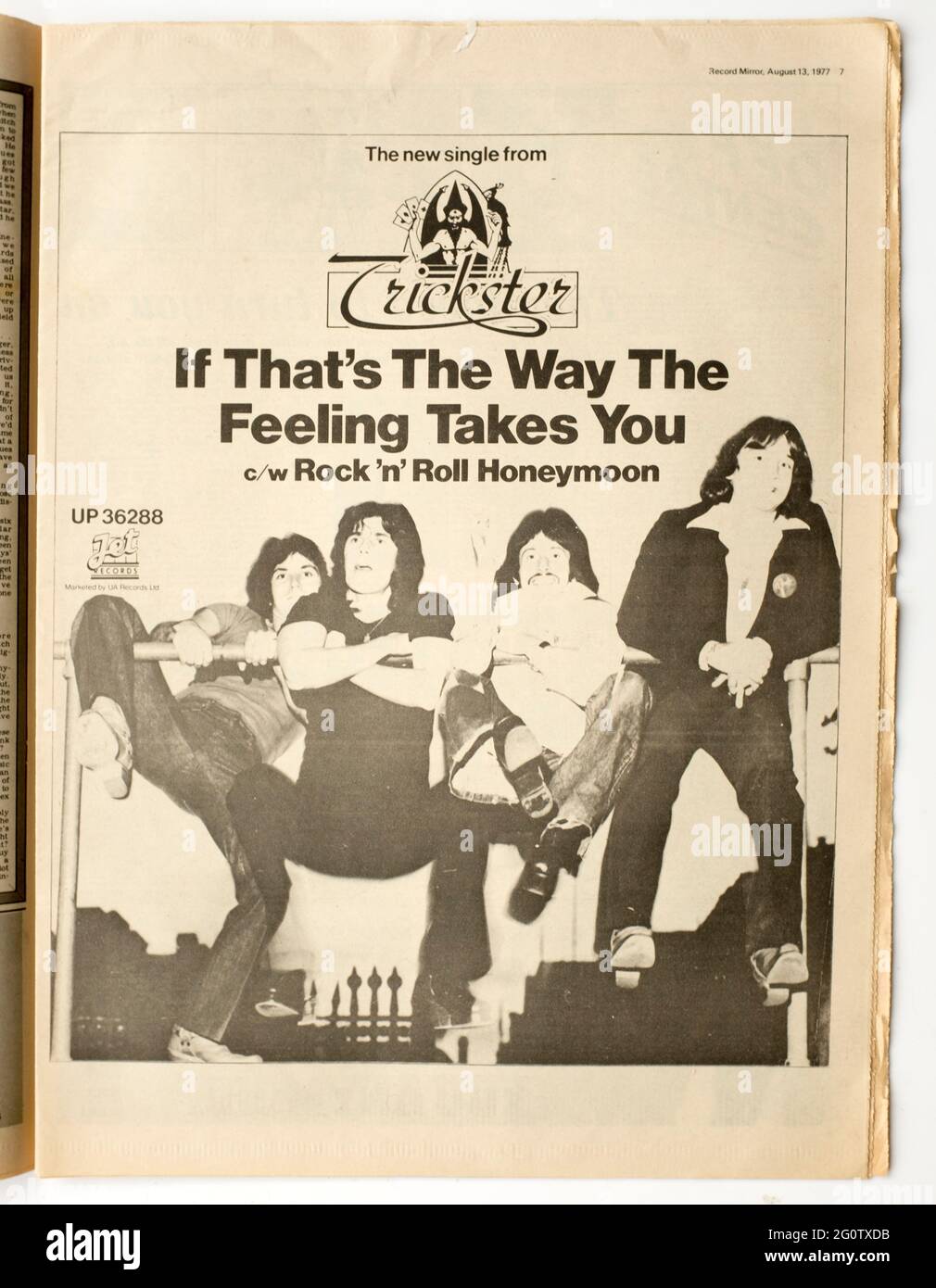 Publicité pour Trickster Group dans le magazine Record Mirror des années 1970 Banque D'Images