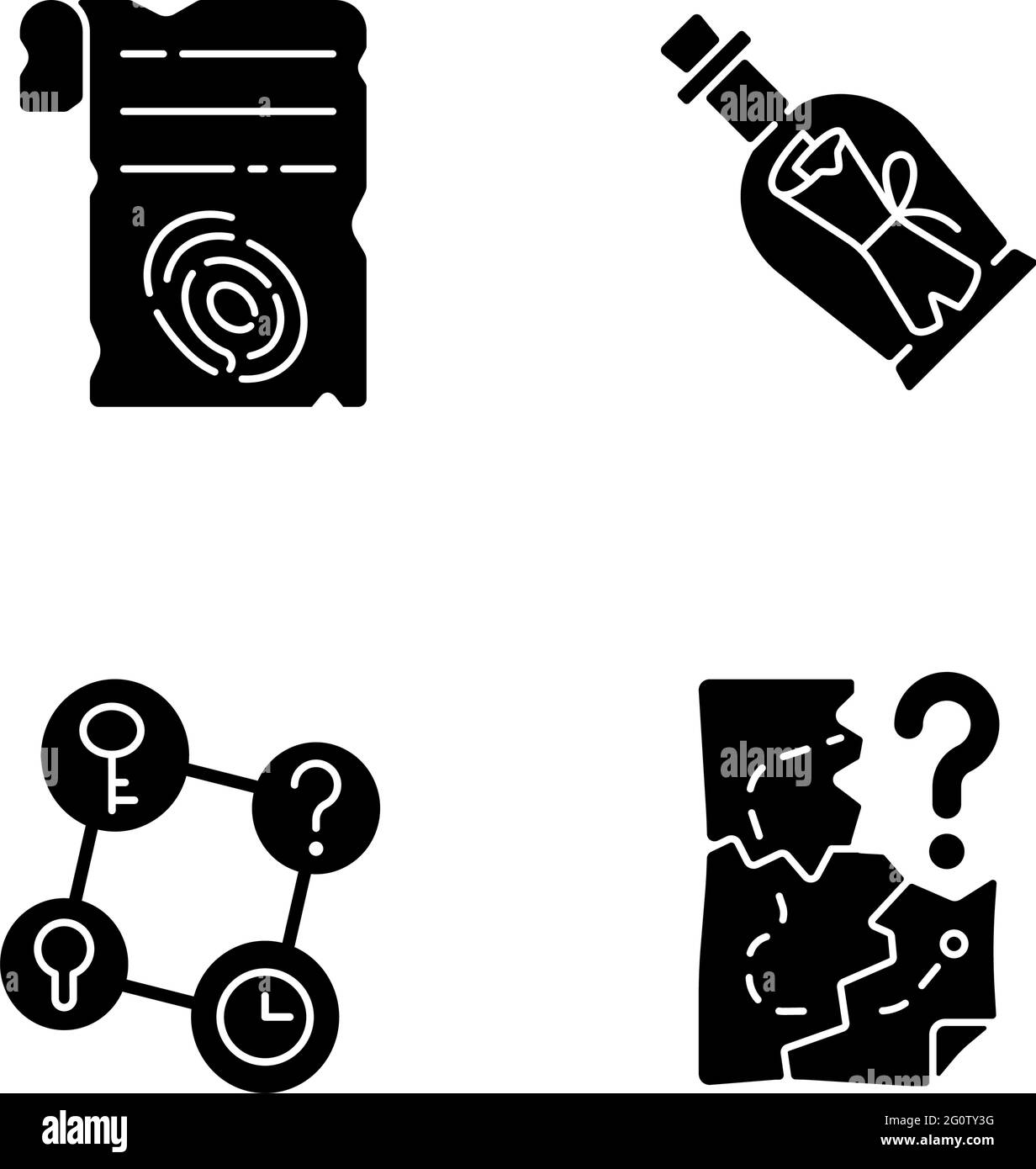Mystère quête des icônes de glyphe noir sur l'espace blanc Illustration de Vecteur