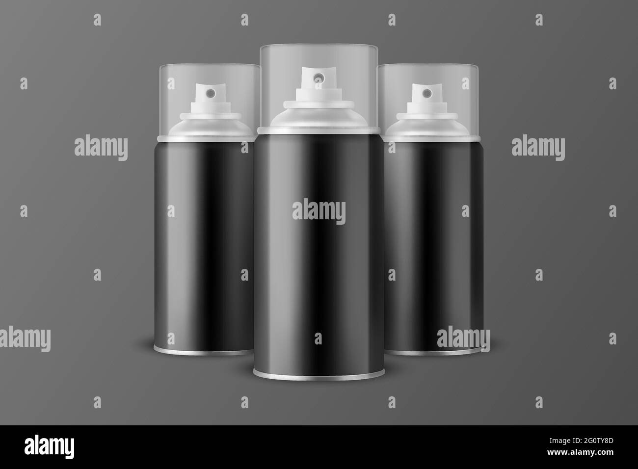 Trois Vector 3d Realistic Black aluminium Blank Spray, flacon, couvercle transparent isolé. Petite, moyenne, Grande taille. Modèle de conception, pulvérisateur Illustration de Vecteur