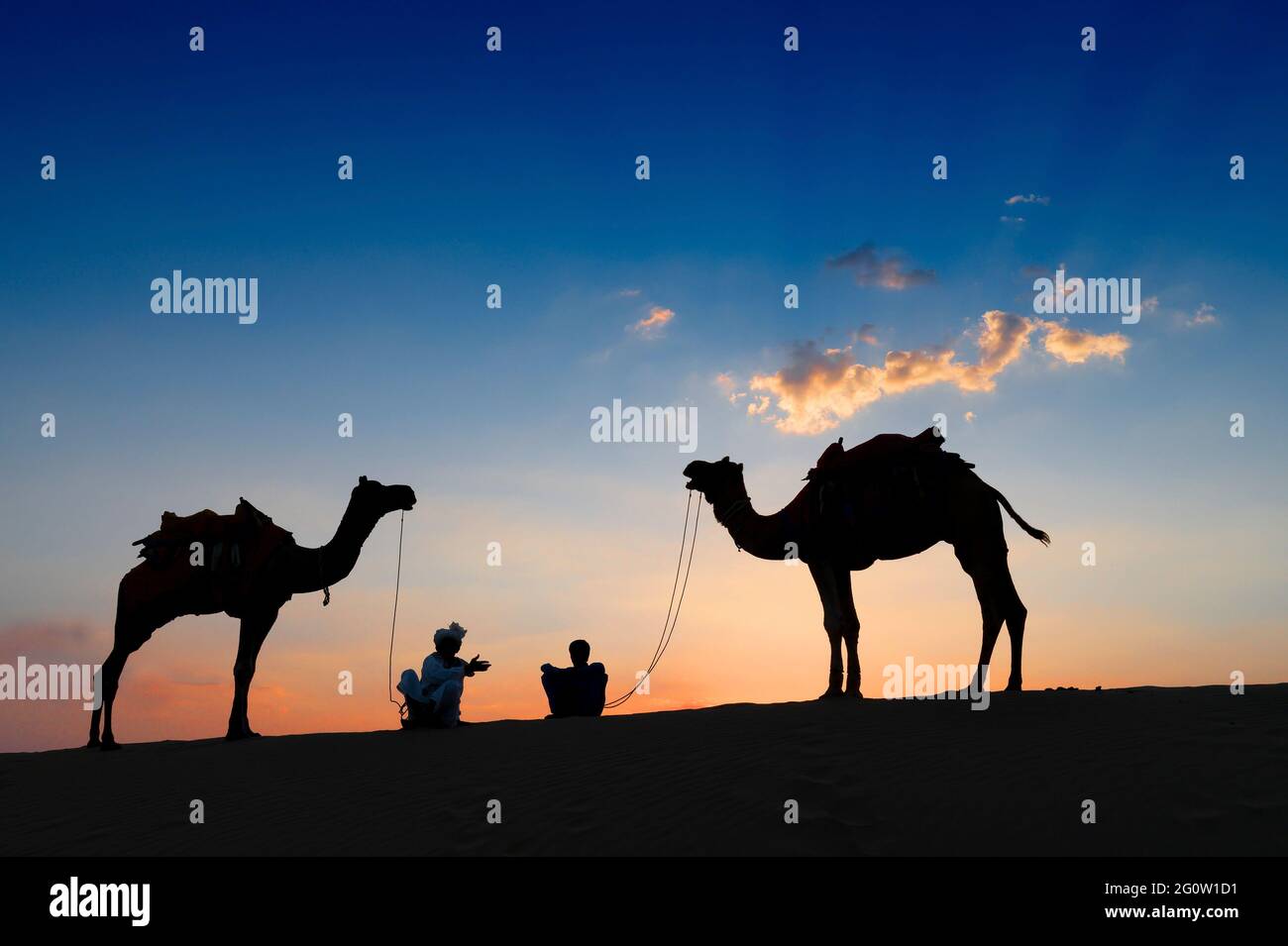 Silhouette de deux caméléers et de leurs chameaux sur les dunes de sable du désert de Thar, Rajasthan, Inde. Coucher de soleil avec ciel bleu en arrière-plan. Caméléers assis. Banque D'Images