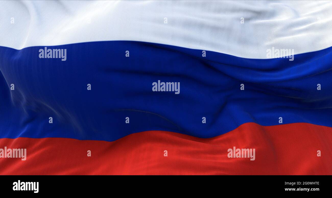 Détail du drapeau national de la Russie volant dans le vent. Fédération de Russie. Gouvernement et politique. Banque D'Images