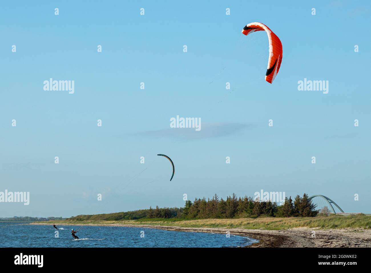 Kiteboarding, West Beach, Großenbrode, Fehmarn Sound Bridge en arrière-plan, Schleswig-Holstein, Allemagne Banque D'Images