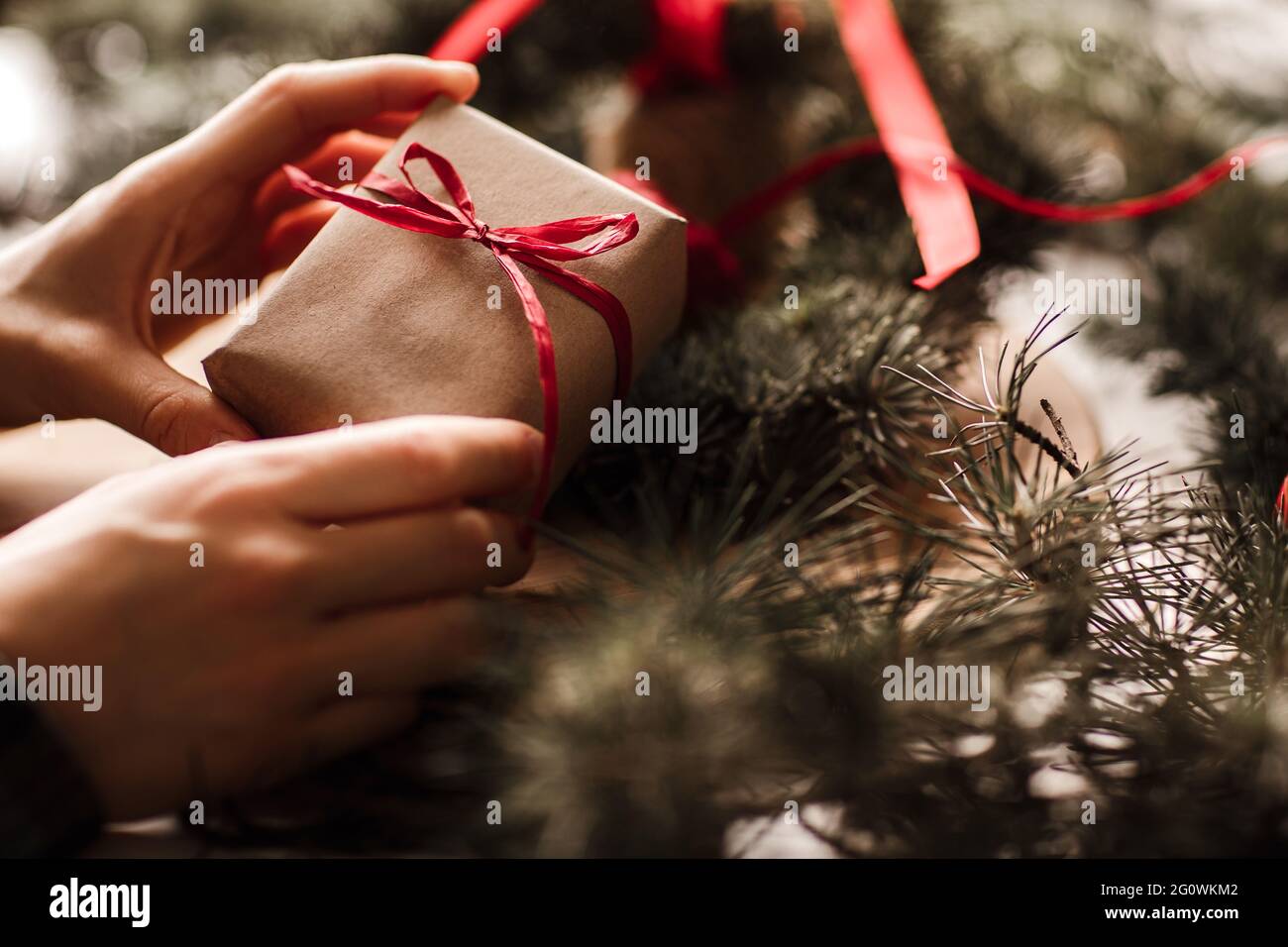 Mains Femele tenant cadeau de noël. Idées pour la décoration de noël et les cadeaux. Concept Noël et nouvel an. Banque D'Images