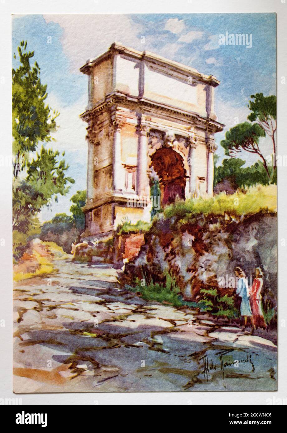 Cartes postales Aquarello vintage de Rome par Aldo Raimondi - Titus Arch Banque D'Images