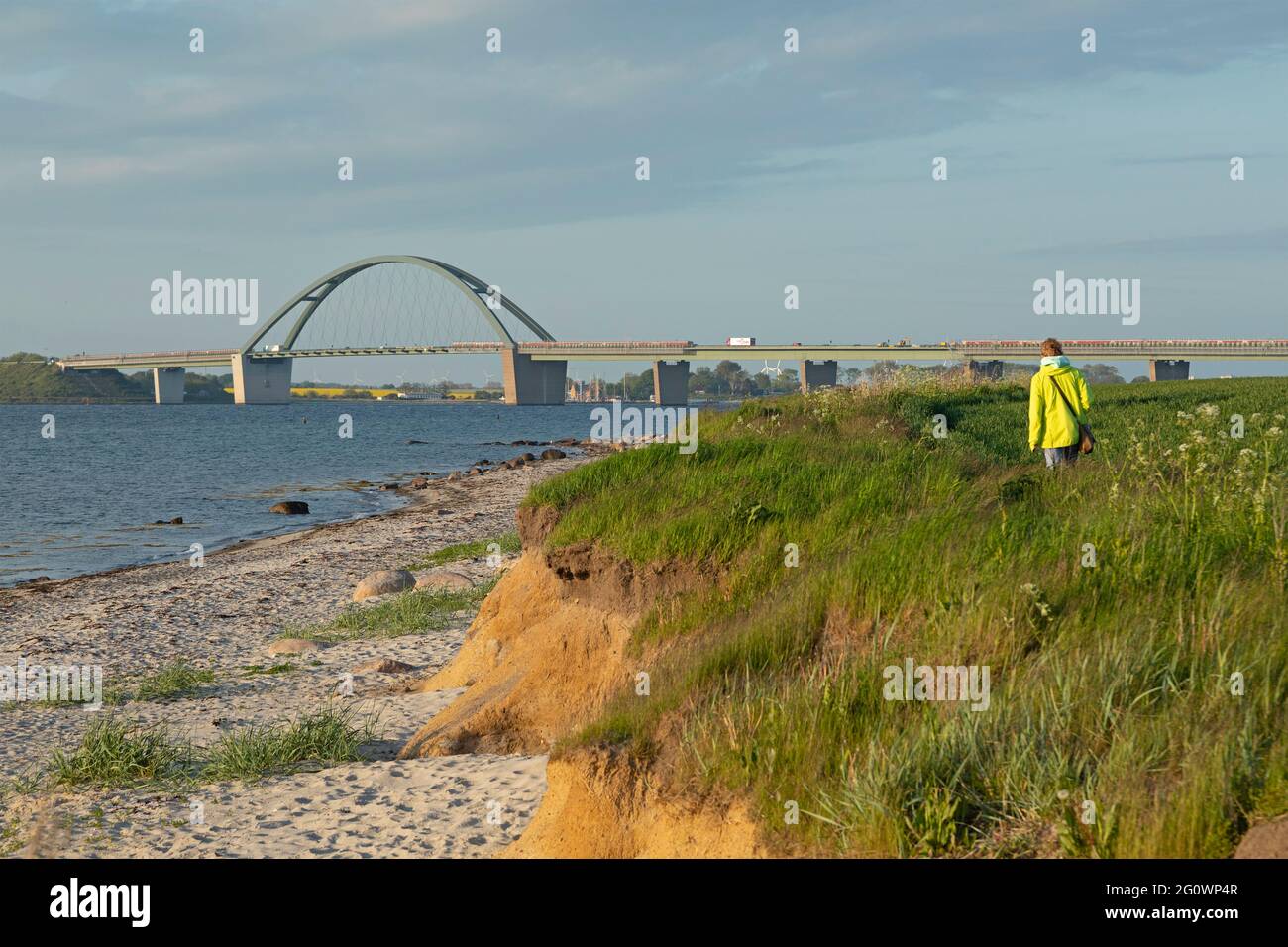 plage, Fehmarn Sound Bridge, West Beach, Großenbrode, Schleswig-Holstein, Allemagne Banque D'Images