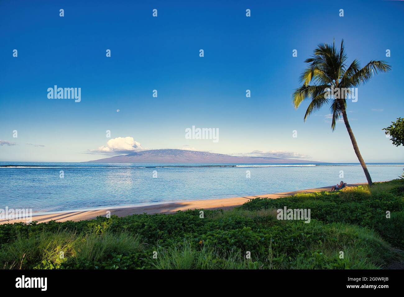 Vue sur Lanai depuis le port de Lanai à l'aube avec lune. Banque D'Images