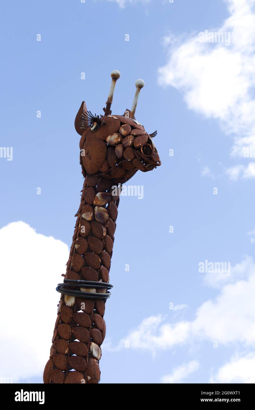 Sculpture en métal tête et cou de girafe avec ciel bleu et nuages blancs. Banque D'Images