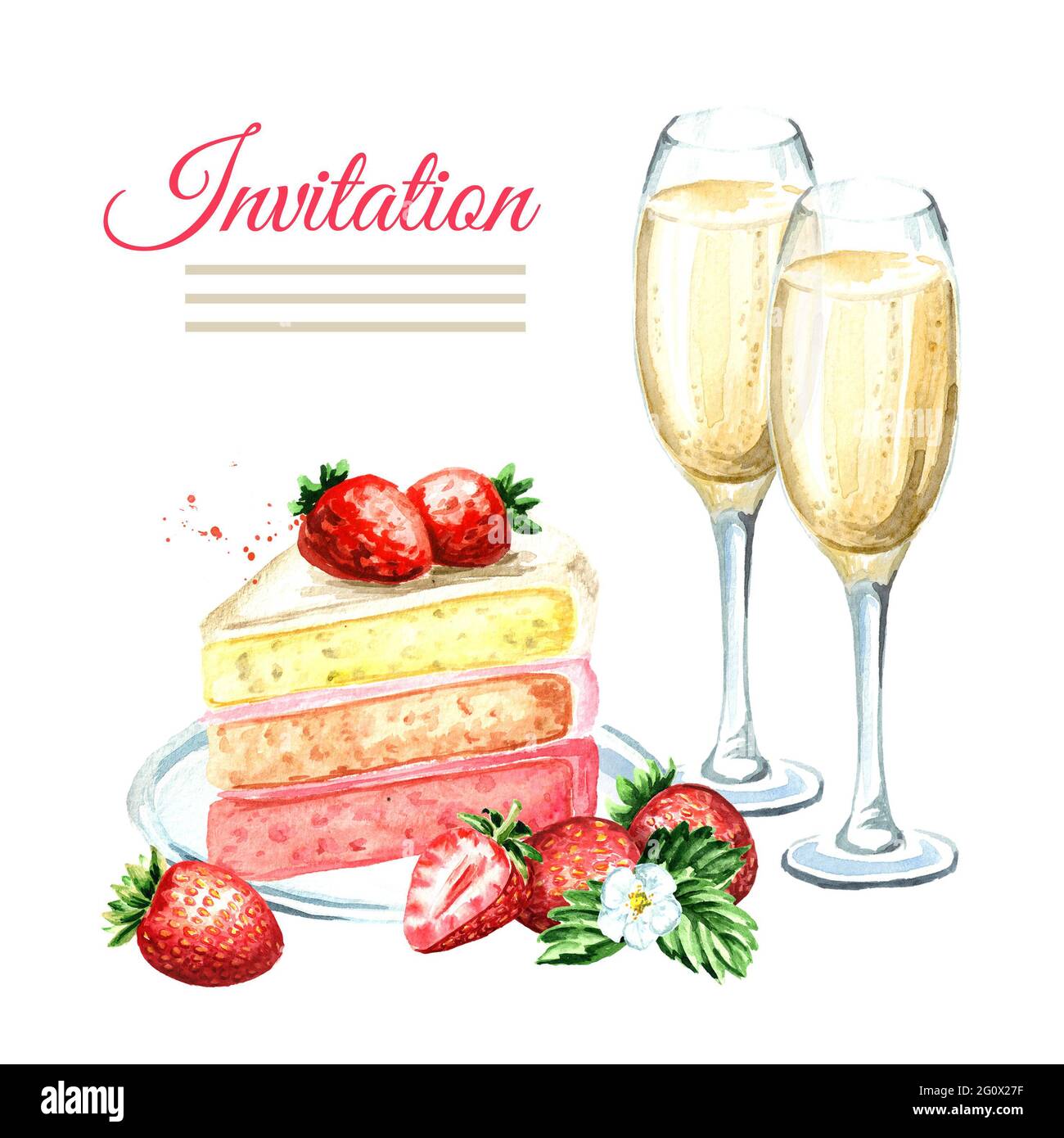Carte D Anniversaire Ou De Mariage Gateau Aux Fraises Avec Verres A Champagne Illustration Aquarelle Dessinee A La Main Isolee Sur Fond Blanc Photo Stock Alamy