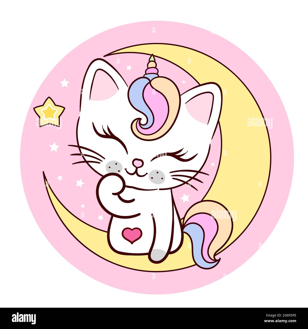 La licorne de chat est posée sur un croissant de lune. Adorable animal de fantaisie. Illustration pour enfants. Pour la conception de tirages, affiches, autocollants, cartes postales, cartes, Illustration de Vecteur