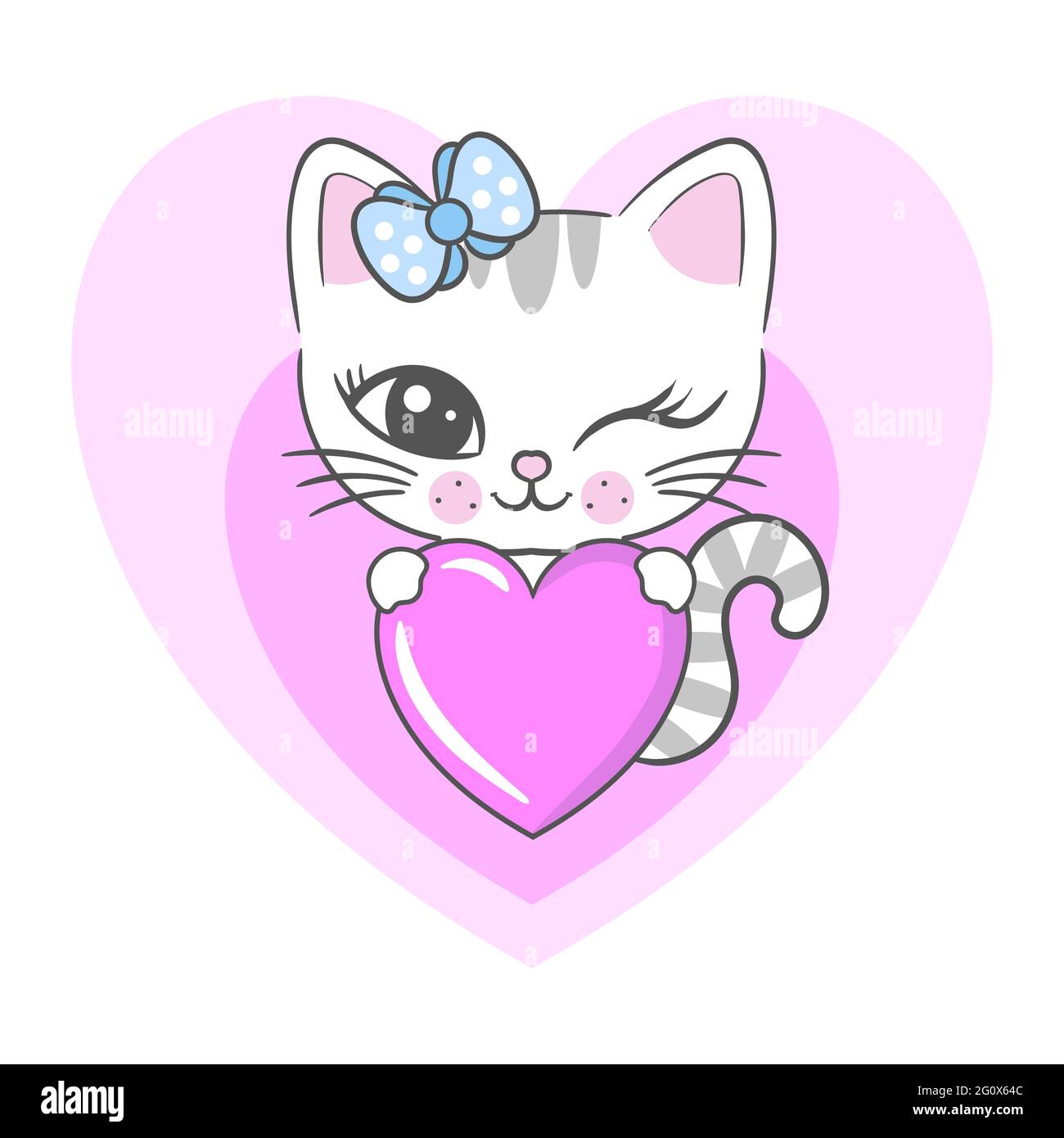 Le joli chaton tient un coeur. Illustration pour enfants. Pour la conception de tirages, affiches, cartes, invitations. Cartes, autocollants, badges, bannières. Vect Illustration de Vecteur