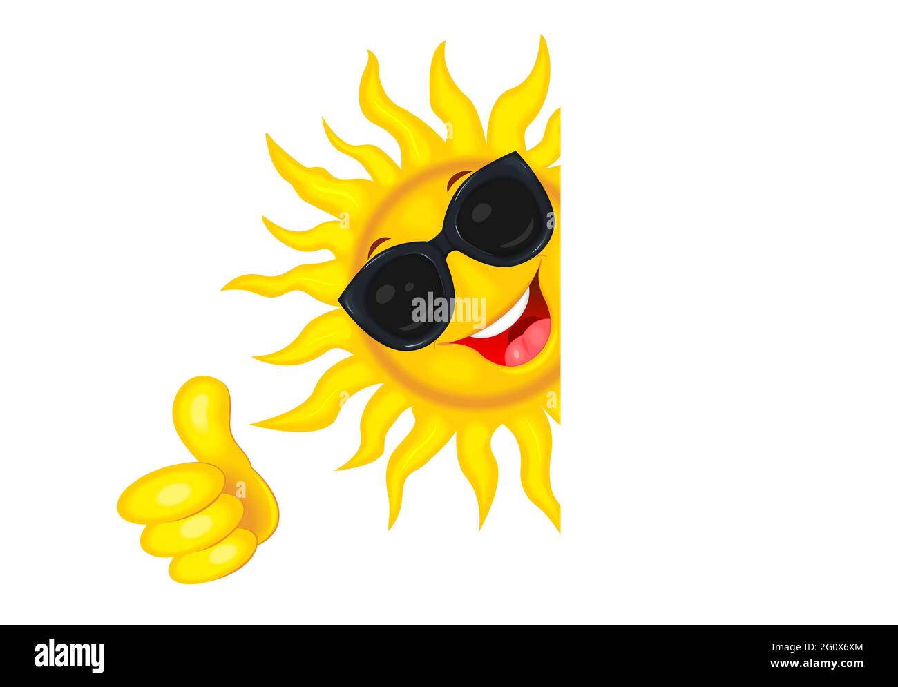Un soleil de dessin animé gai dans des lunettes de soleil. Soleil sur fond  blanc. Un soleil souriant et une main avec un pouce levé vers le haut.  D'accord Image Vectorielle Stock -