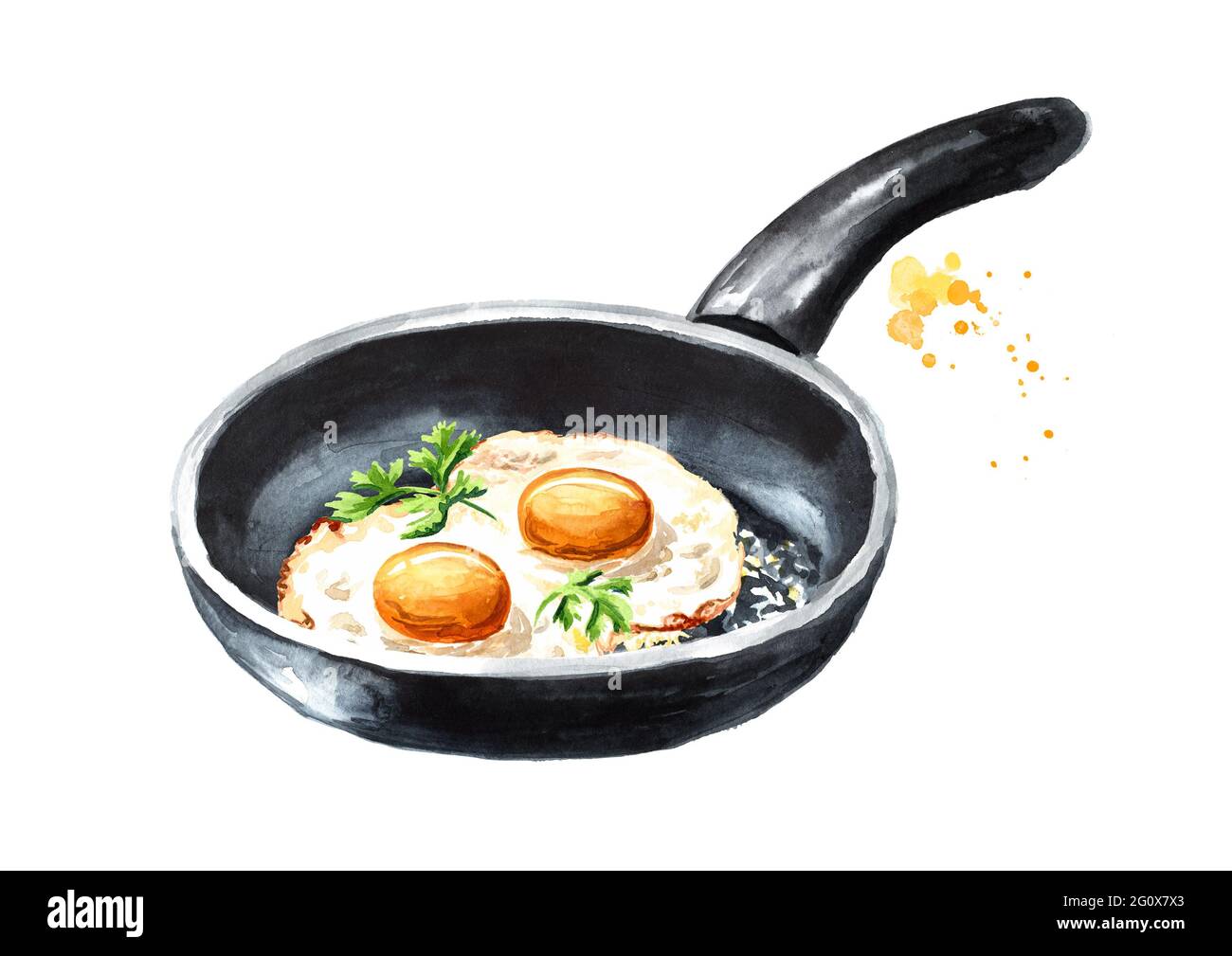 Œufs frits dans une casserole avec des herbes fraîches. Illustration aquarelle dessinée à la main isolée sur fond blanc Banque D'Images
